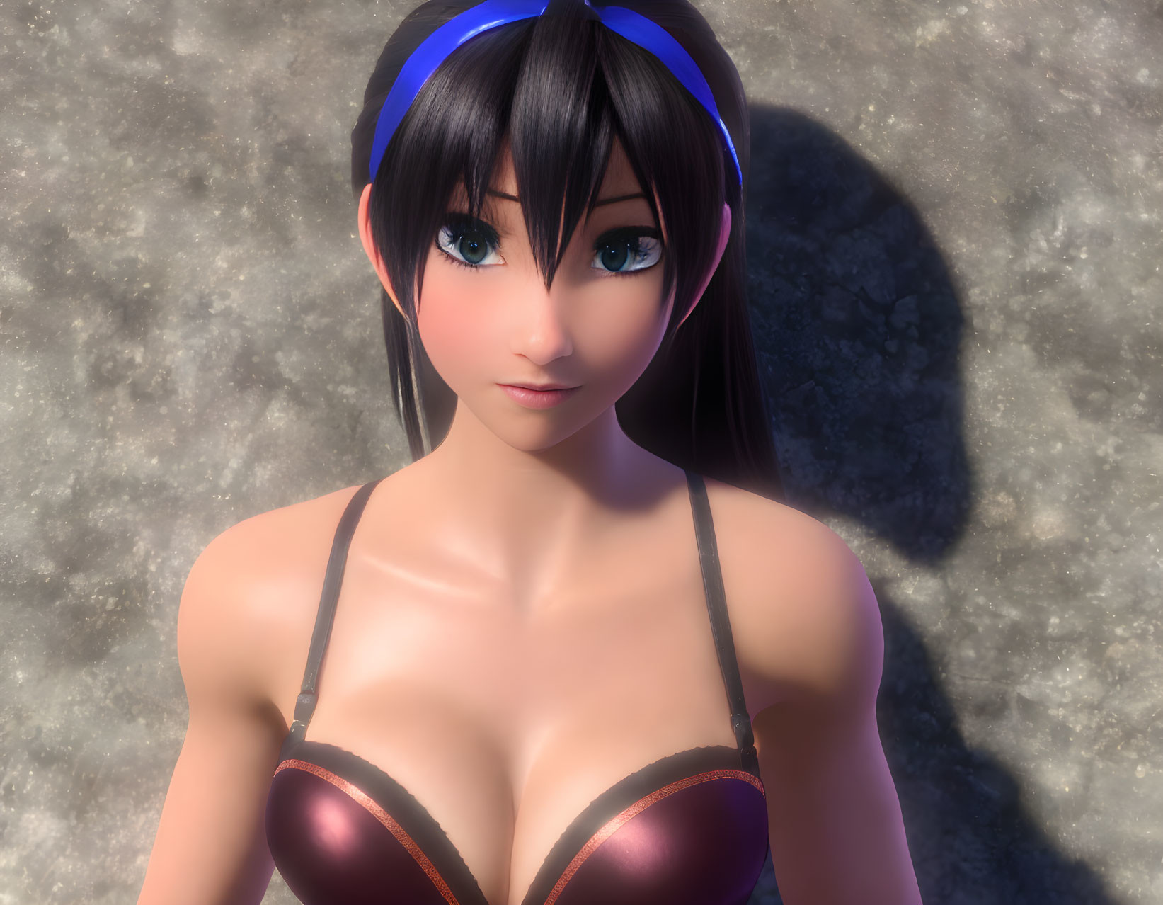 Female character with large eyes in maroon swimsuit top and headband