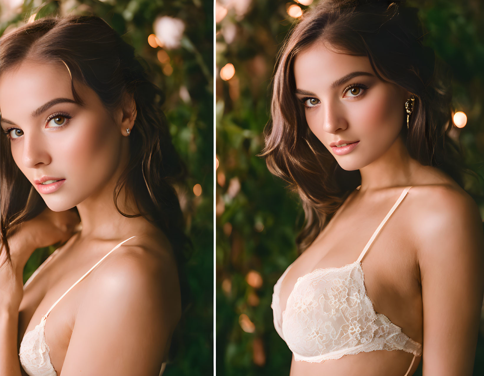 Elegant makeup woman in lace top poses amidst lush greenery and warm lights