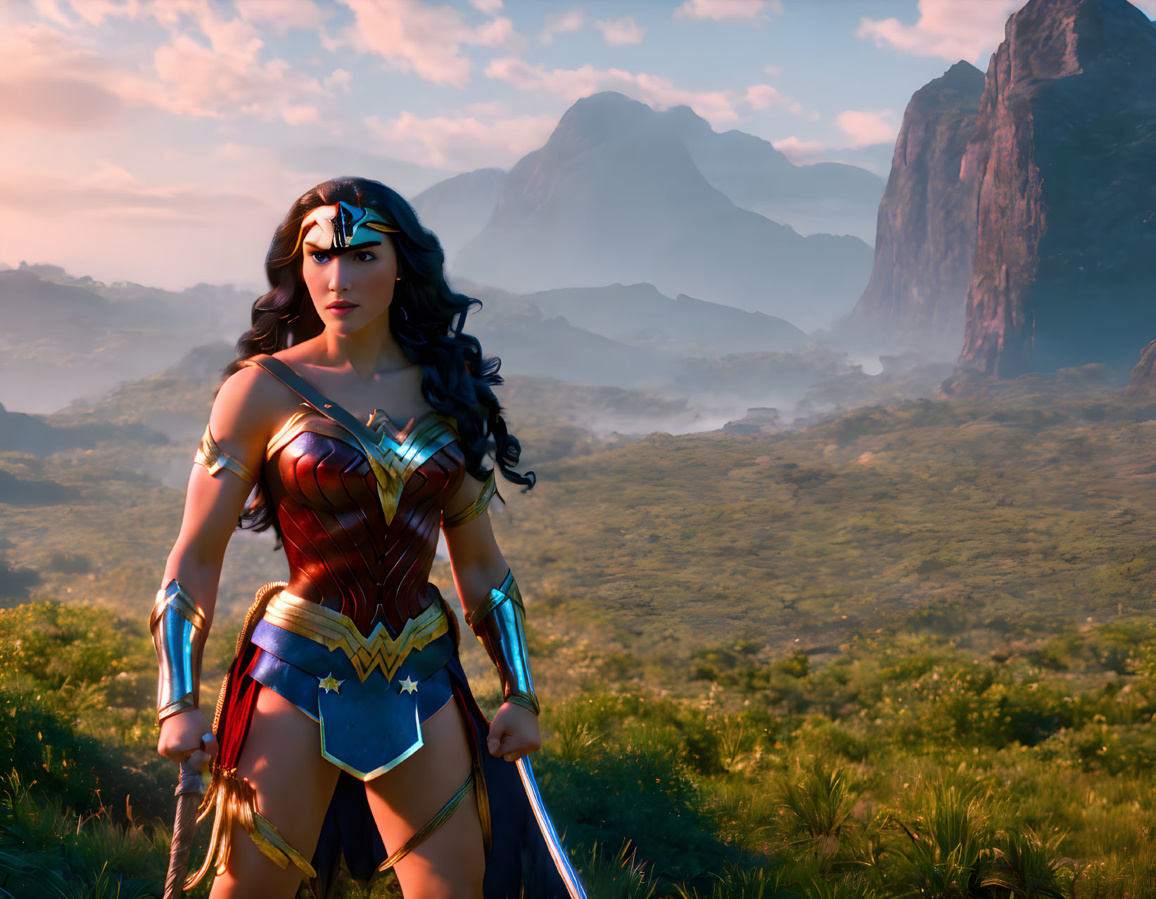 Digital Artwork: Wonder Woman in Mountain Landscape