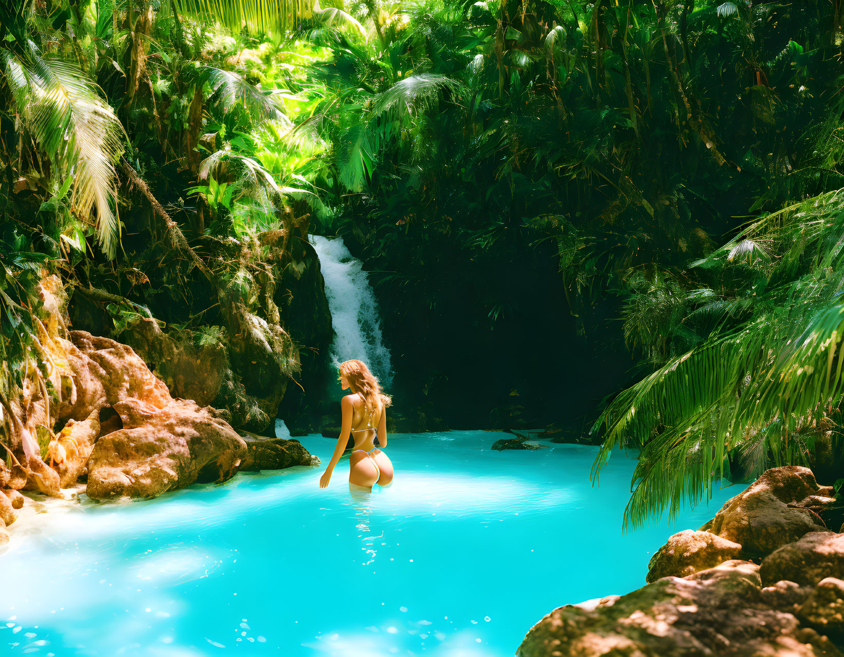 Person in swimsuit by serene jungle pool with waterfall