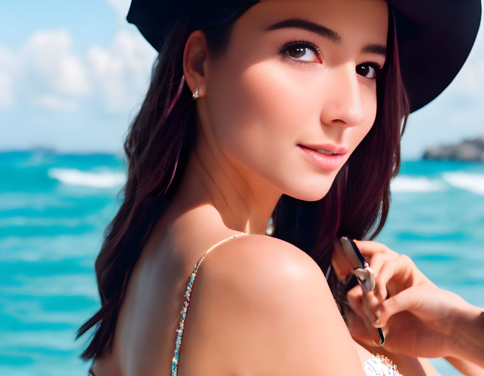 Woman in sunhat looking over shoulder by blue sea and sky