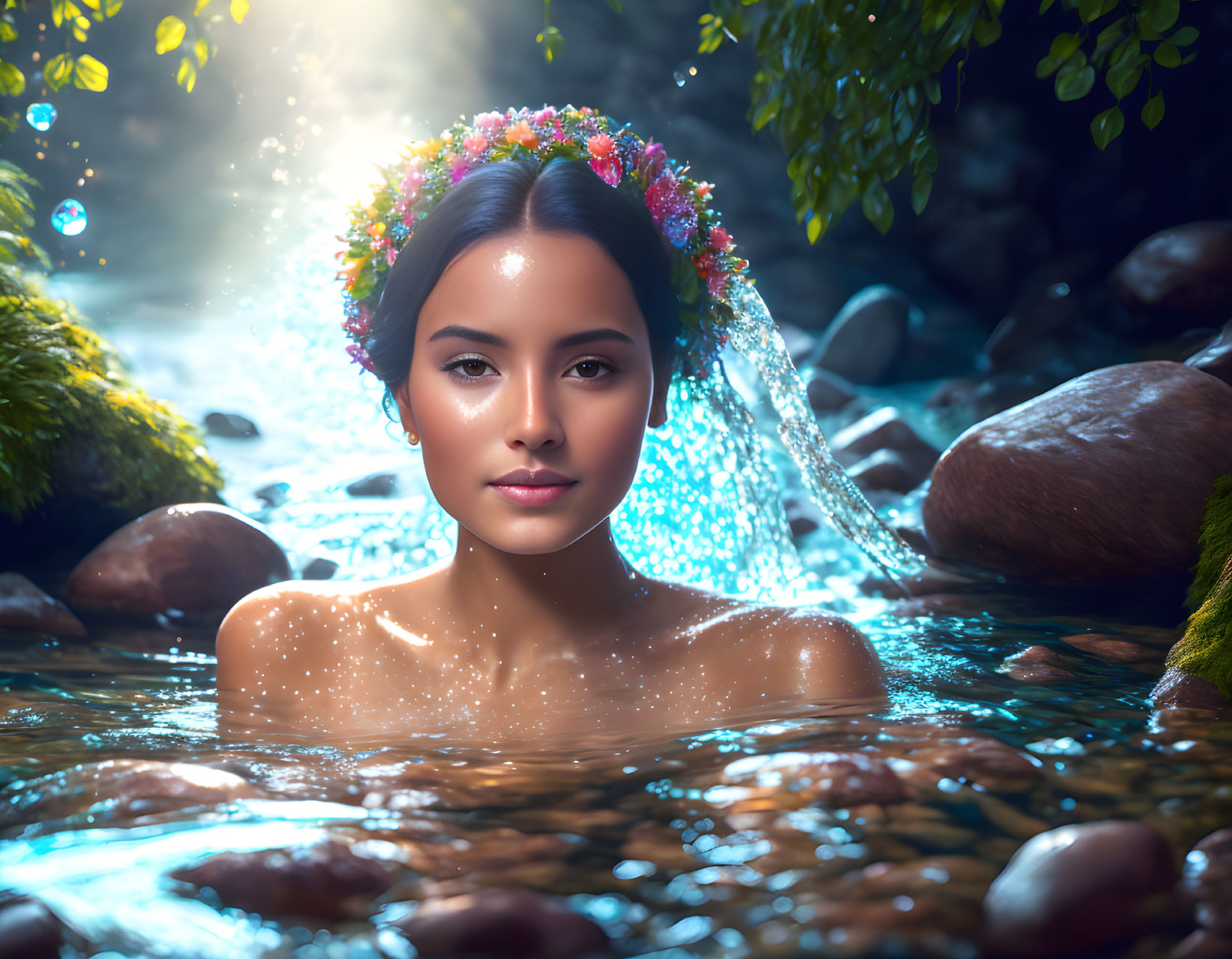 Woman with floral crown emerges from serene river in ethereal sunlight