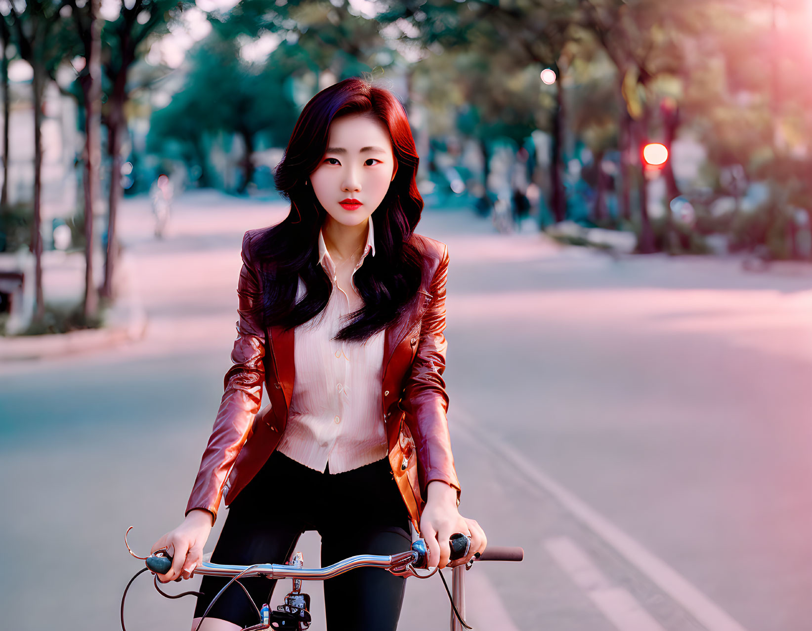 Red jacket woman rides bicycle on sunny street with trees and stoplight