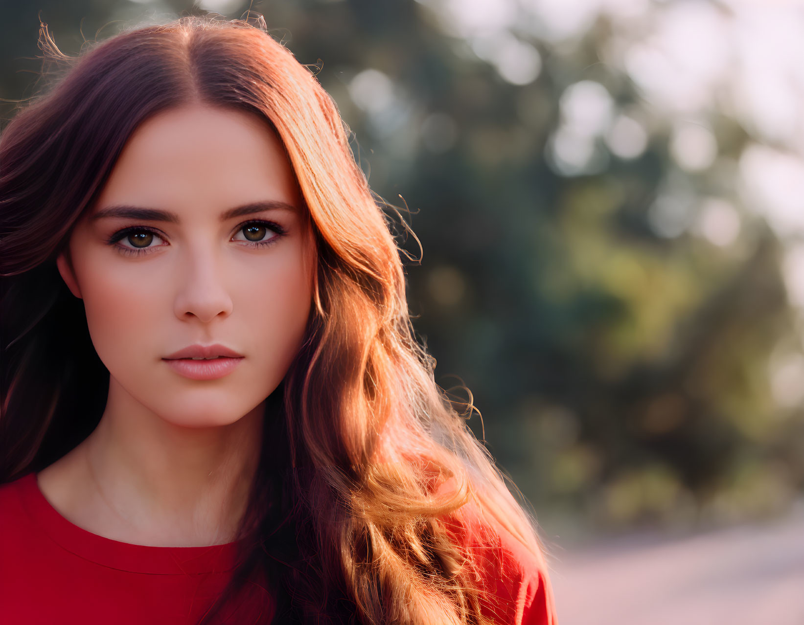 Auburn-haired woman in red top with soft sunlight and foliage.