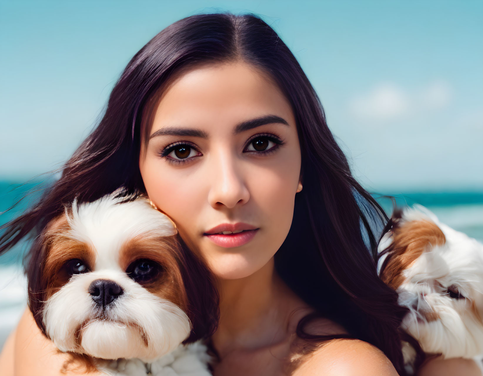 Young Woman Holds Small Dog Against Blue Sky and Ocean