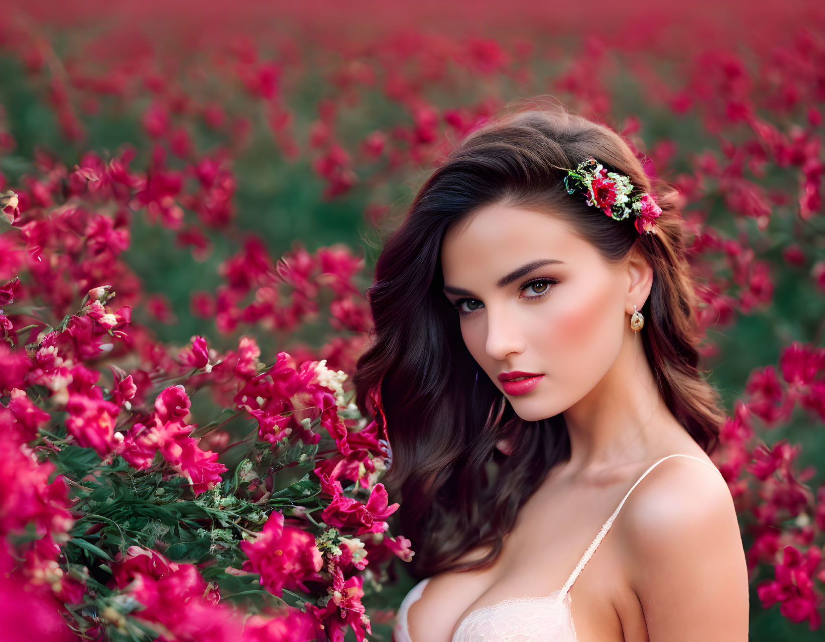 Woman in floral headpiece poses in vibrant pink flower field wearing delicate dress