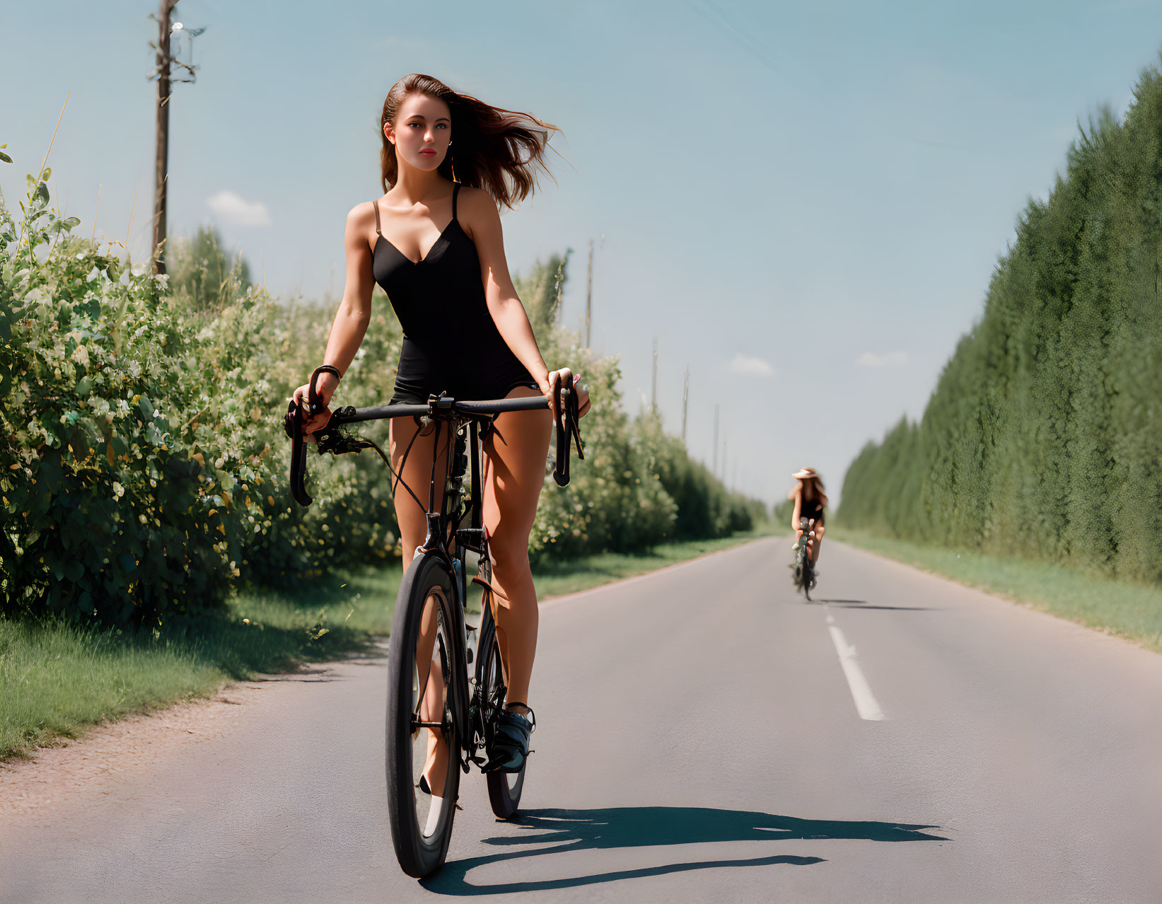 Woman in black outfit cycling on road with trees and another cyclist.