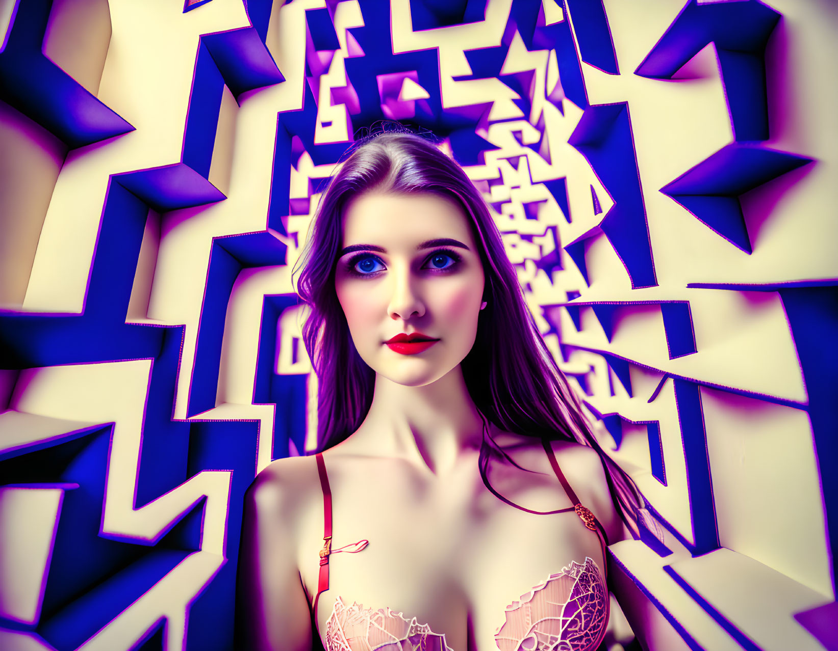 Striking blue-eyed woman on colorful abstract background