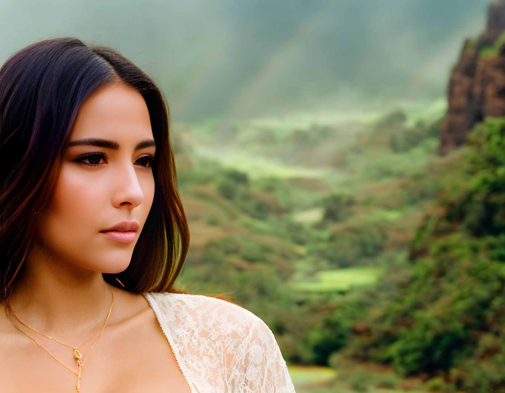 Profile view of woman in lace dress against misty mountain landscape