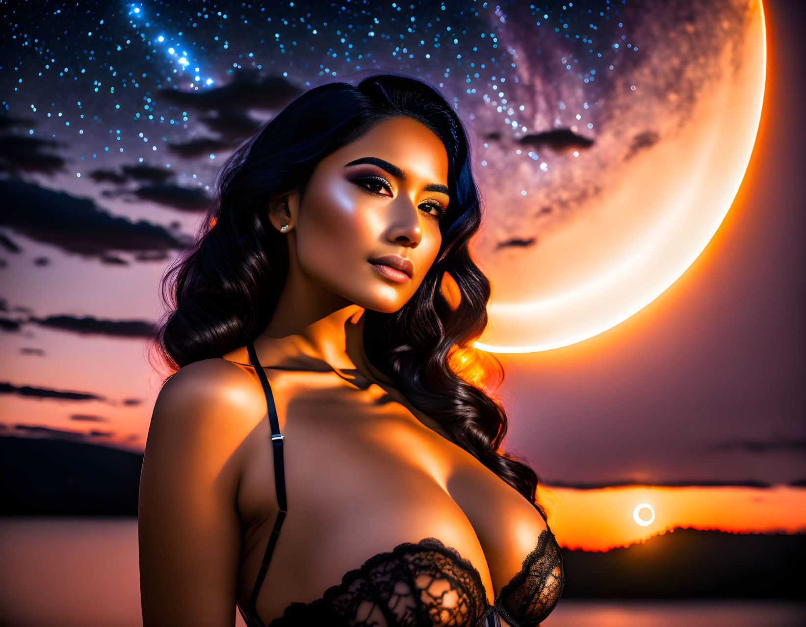 Styled woman poses under surreal sunset with crescent moon and stars