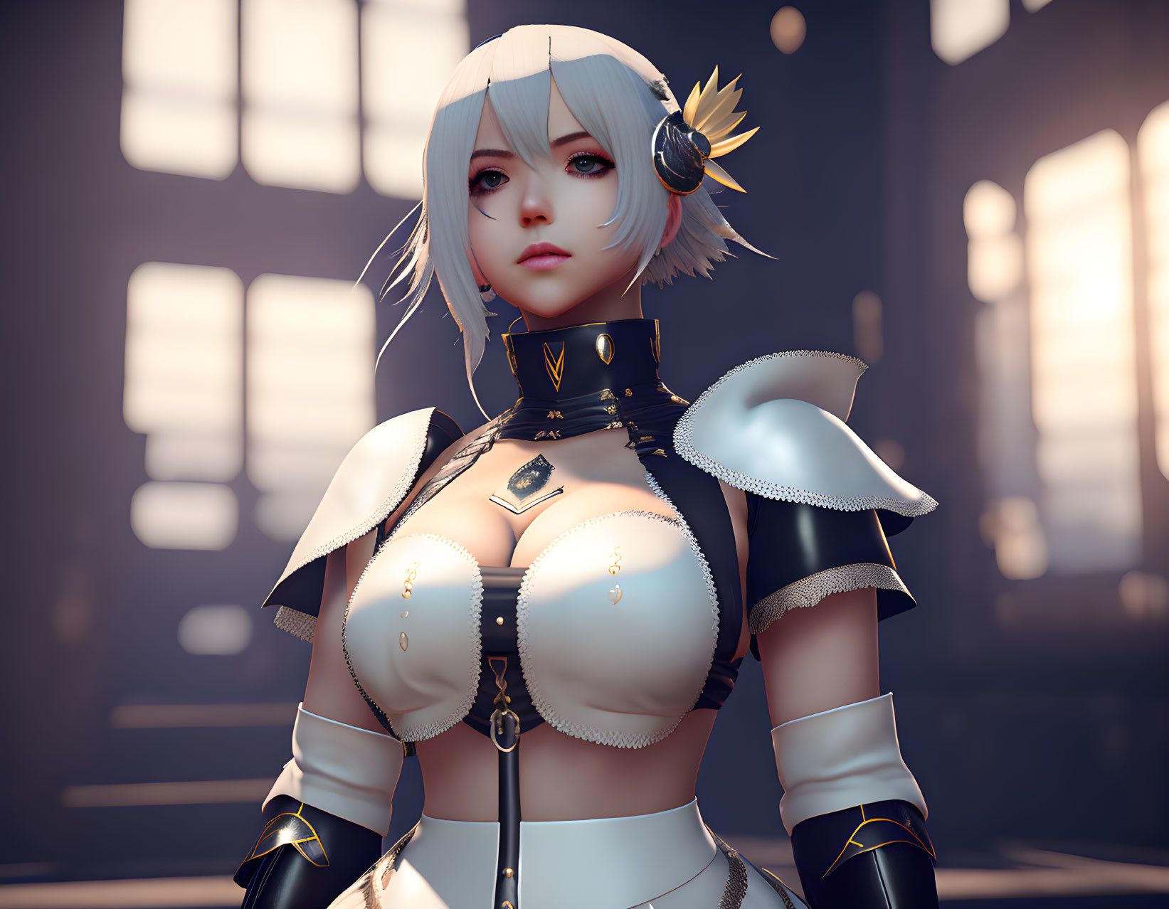 3D Rendered Female Character with Silver-White Hair and Blue Eyes in Black and Gold Armor with