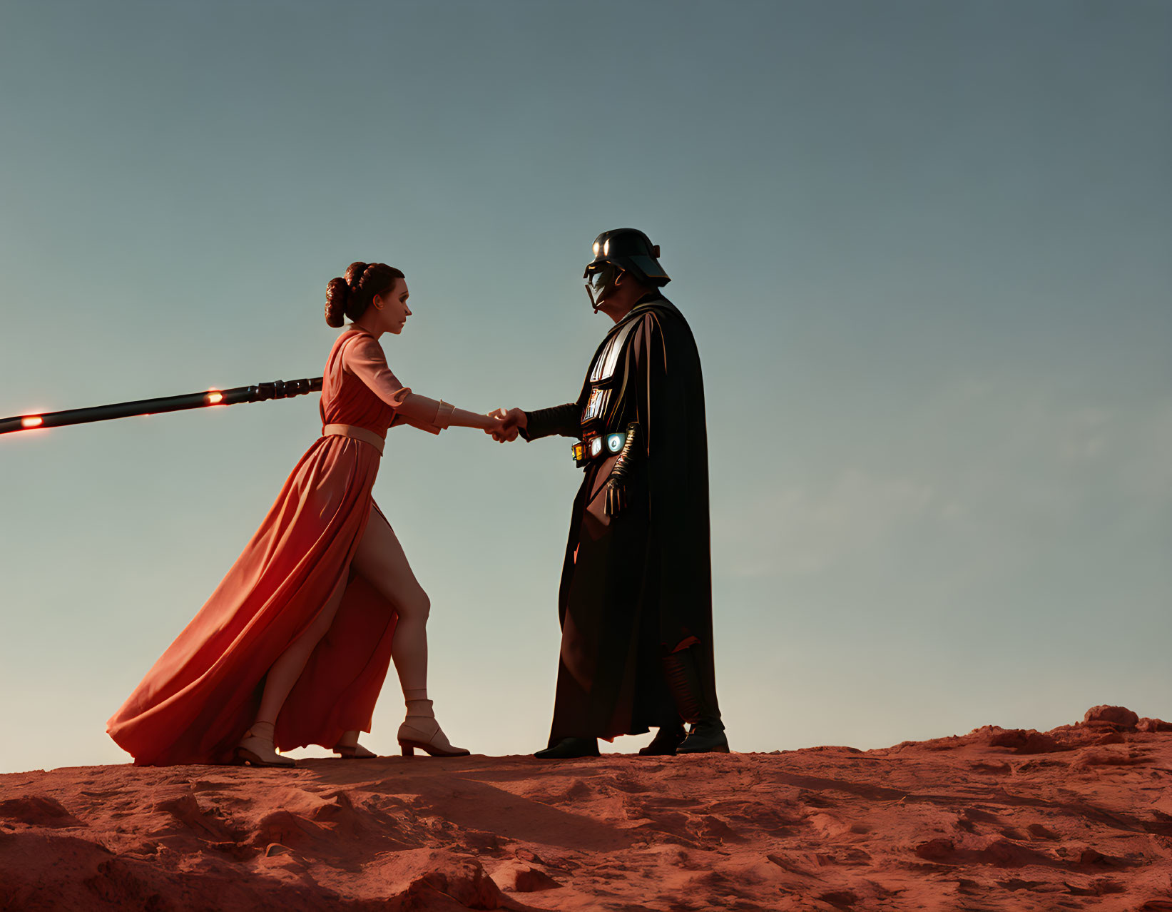 Woman in red dress with lightsaber confronts man in black armor in desert.