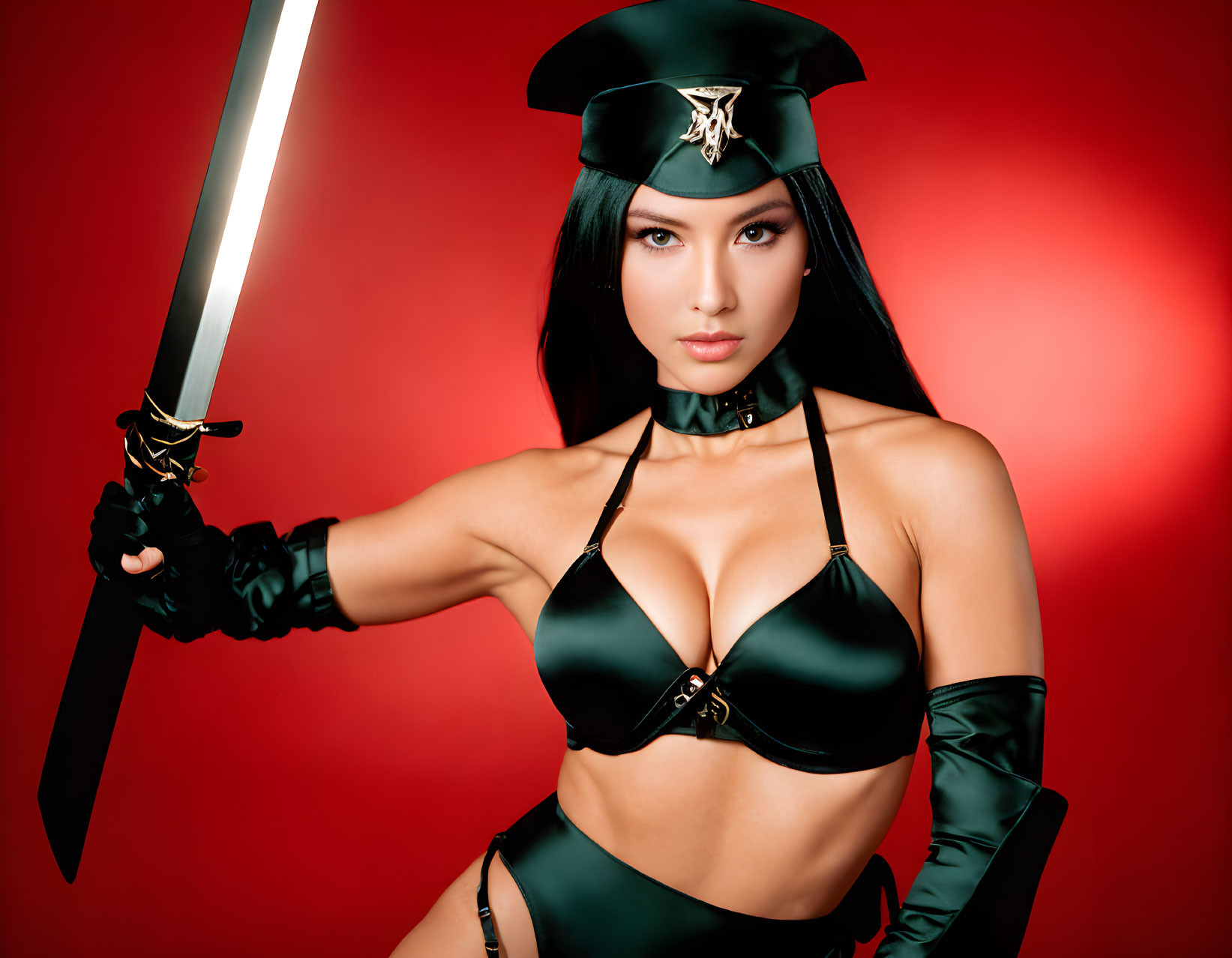 Woman in Black Military Bikini with Sword on Red Background