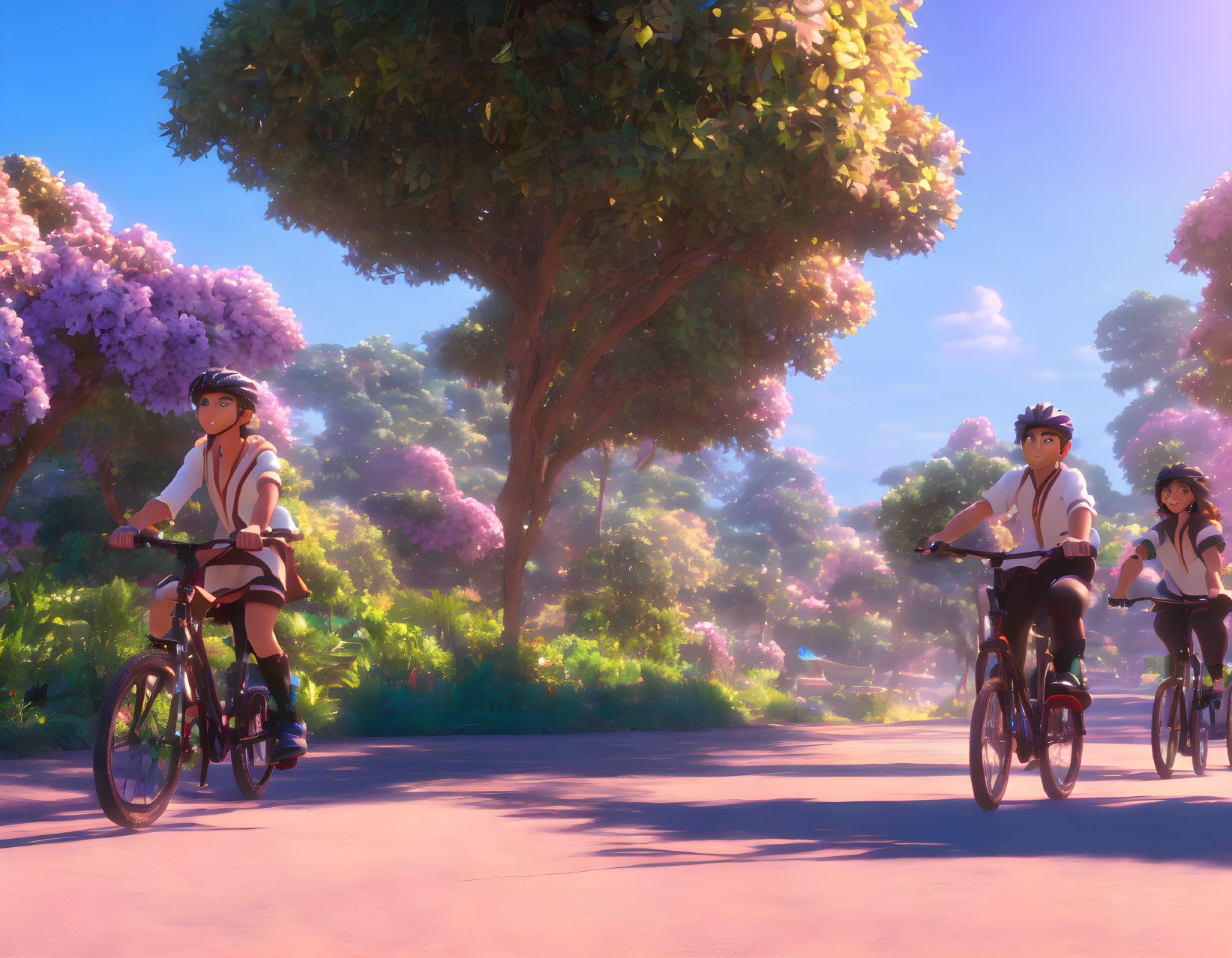 Vibrant animated characters biking in colorful scenery