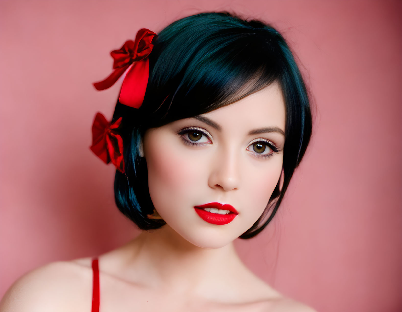 Teal Bob Haircut Woman with Red Bow and Lipstick on Pink Background