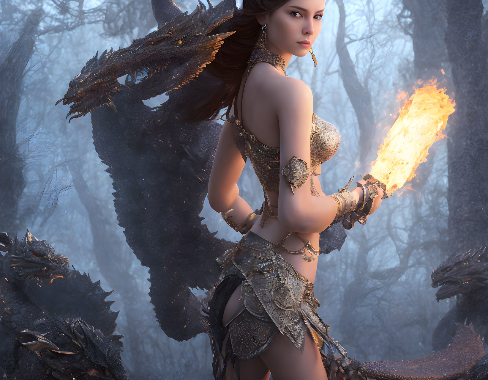 Warrior woman and dragon with torch in misty forest