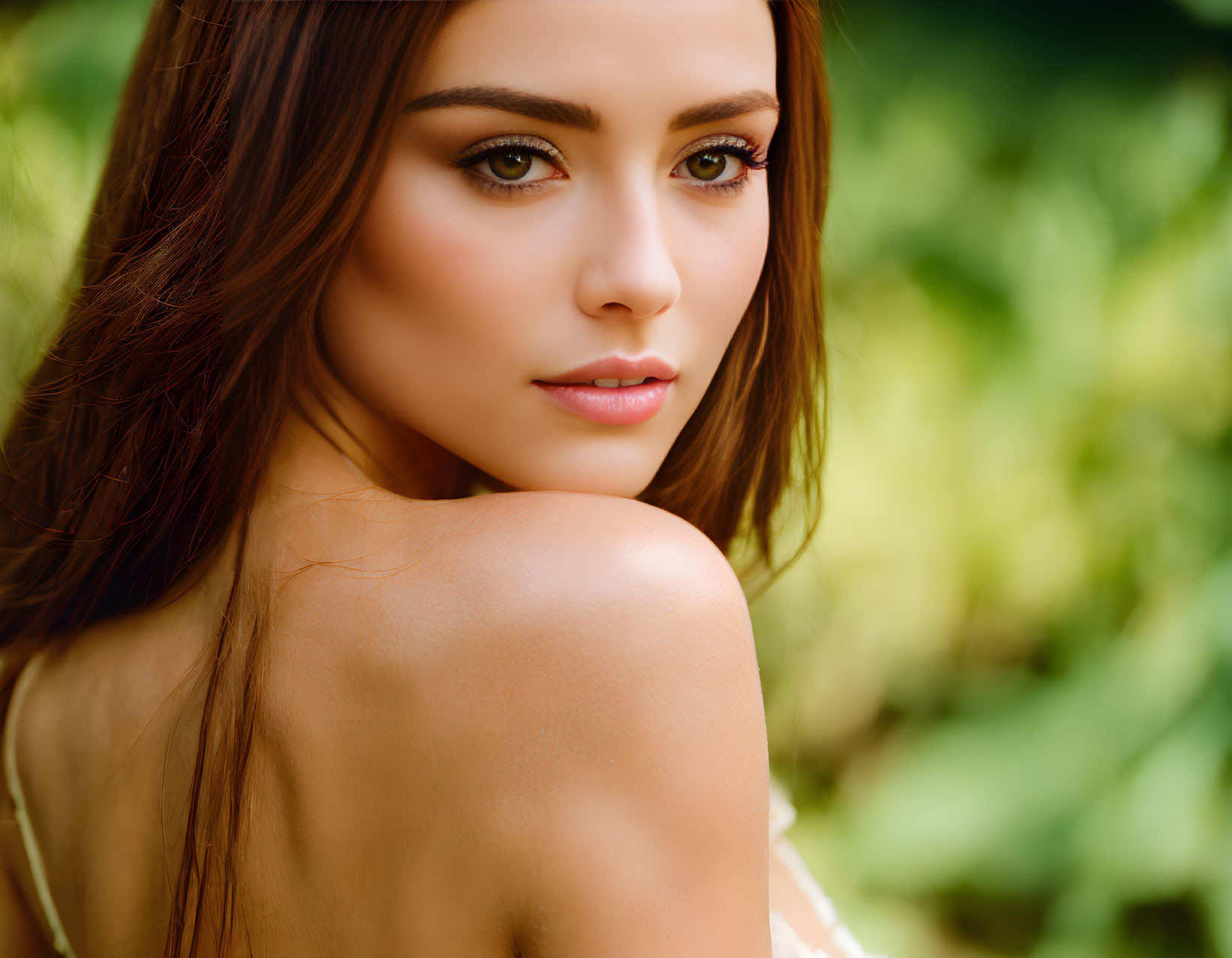 Portrait of a young woman with brown eyes and long hair in nature