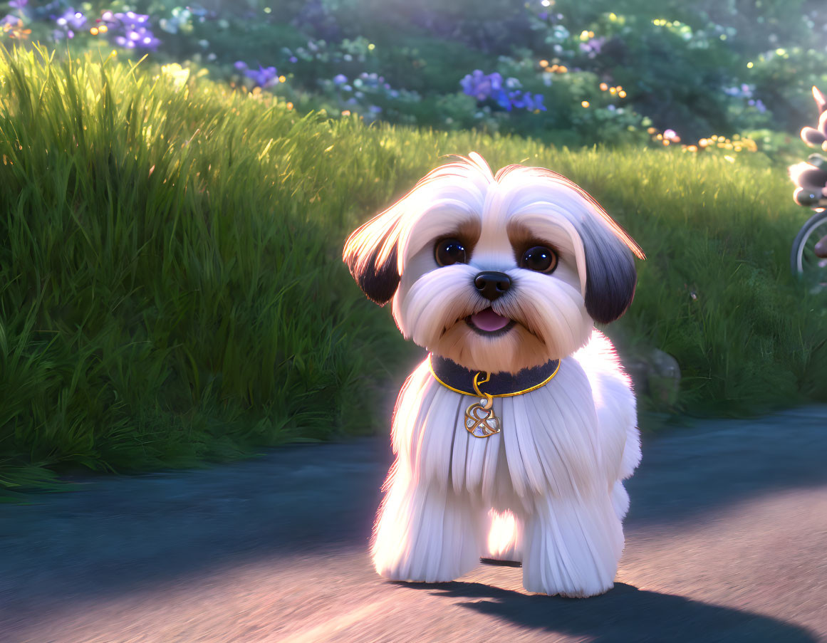 Fluffy animated dog with white and brown fur on grass path