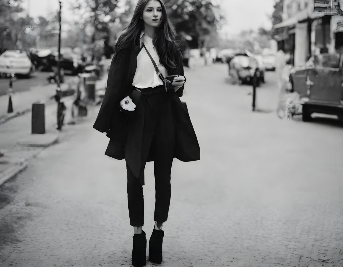 Stylish woman in monochrome outfit on city street with smartphone