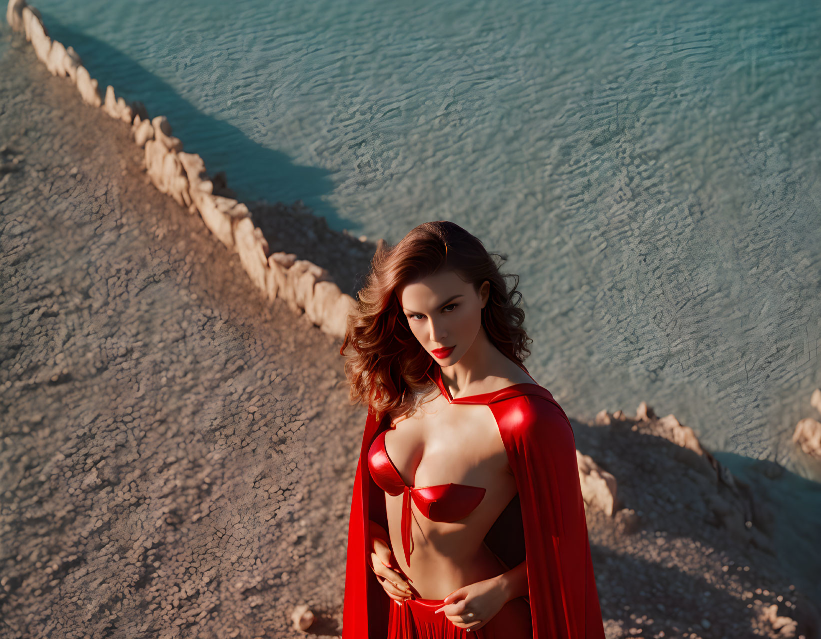 Woman in Red Outfit by Turquoise Water with Rope Barrier