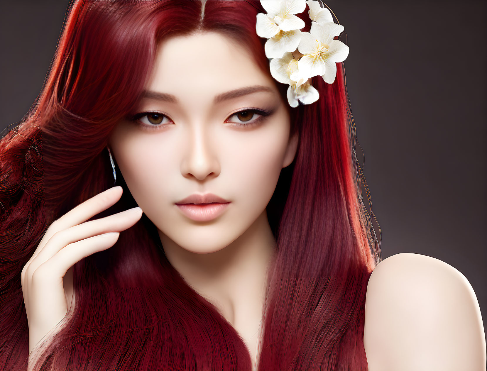 Portrait of Woman with Red Hair and White Flowers: Subtle Makeup and Elegant Gaze