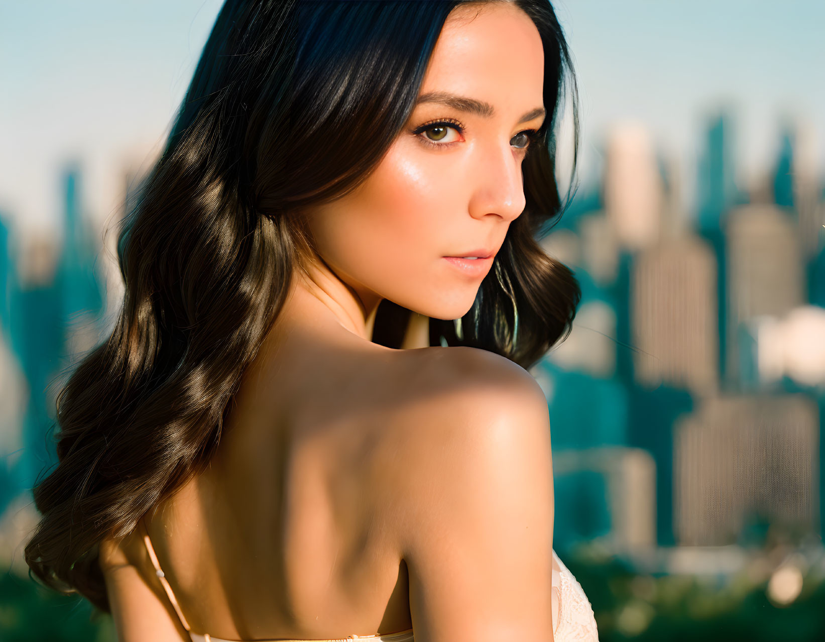 Long-haired woman gazes over shoulder, city skyline blurred.