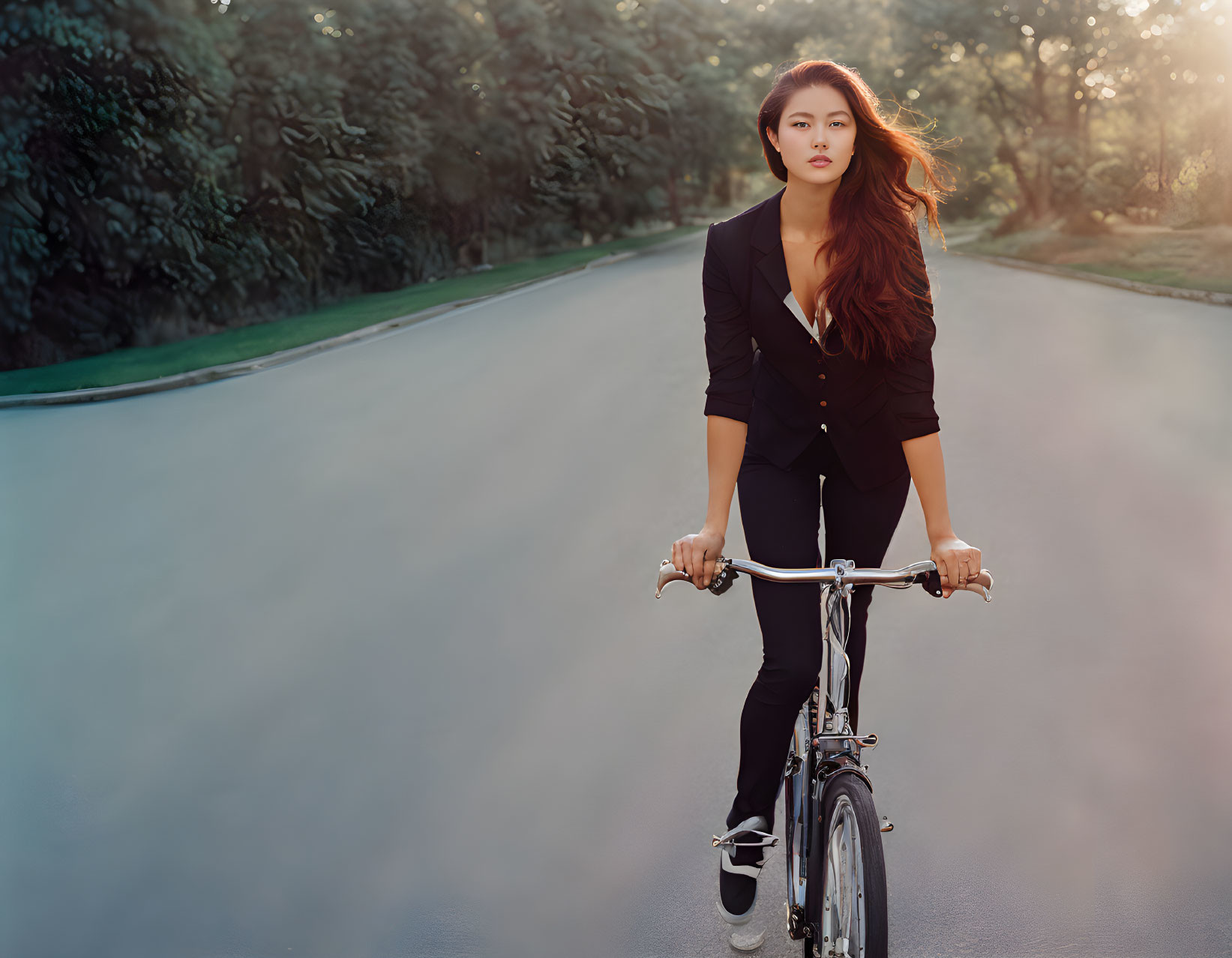 Professional woman biking on sunny path with trees in background