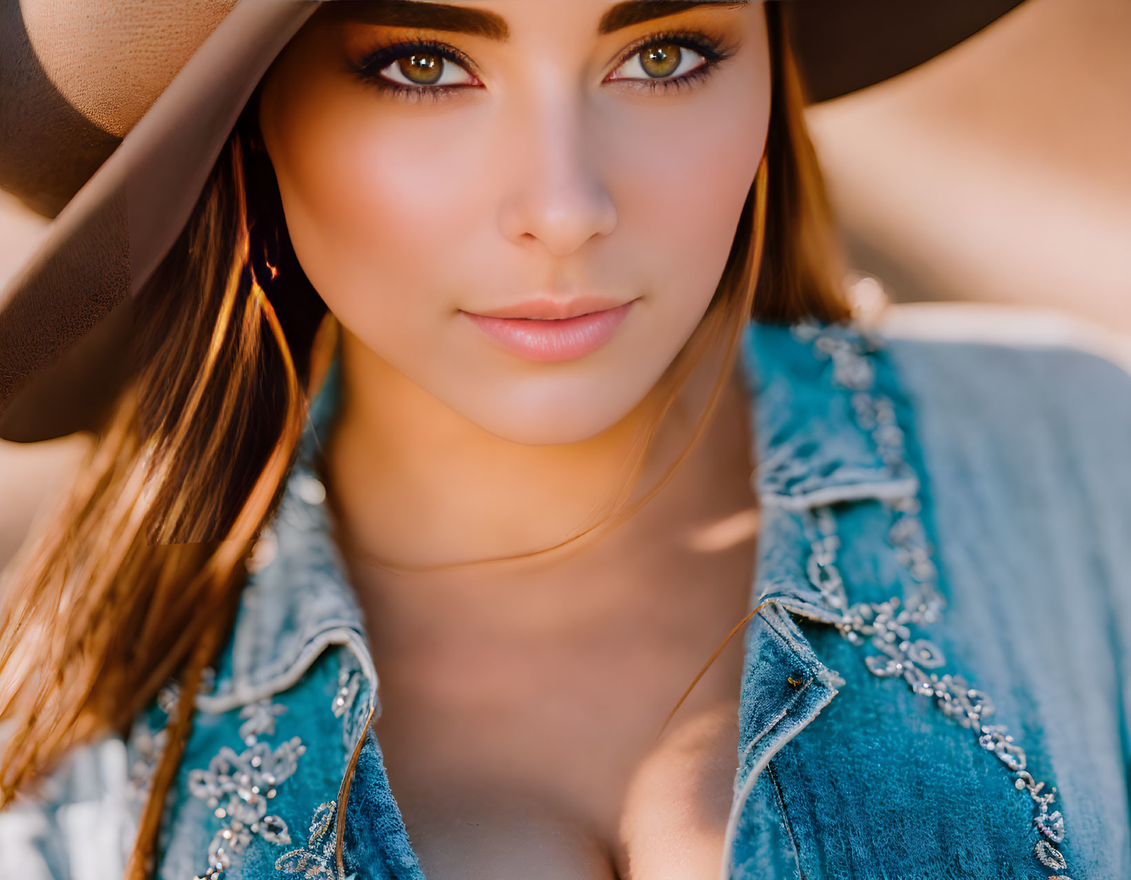 Portrait of a Woman in Hat and Denim Jacket with Intense Gaze