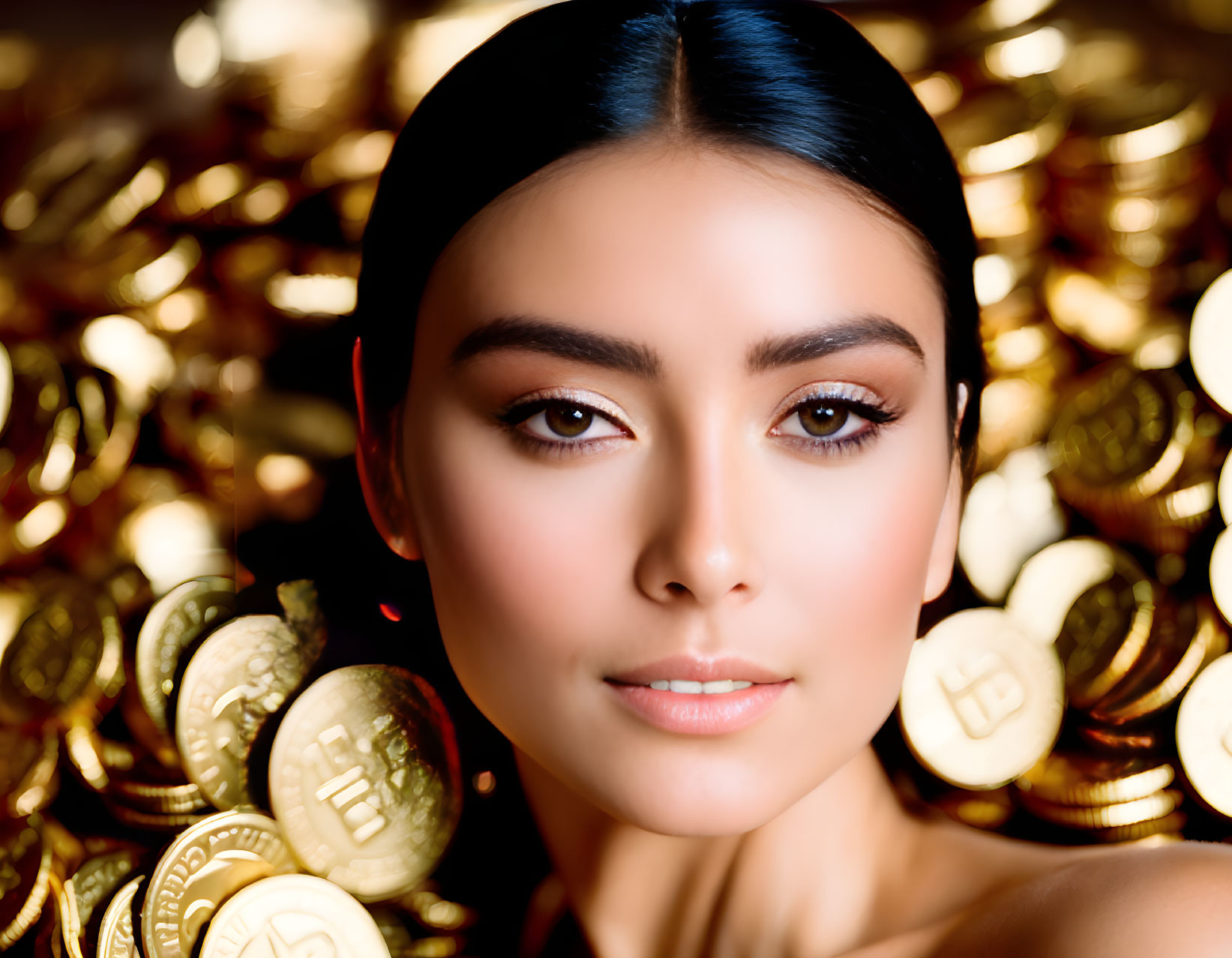 Person with Clear Complexion Surrounded by Bitcoin Symbol Coins