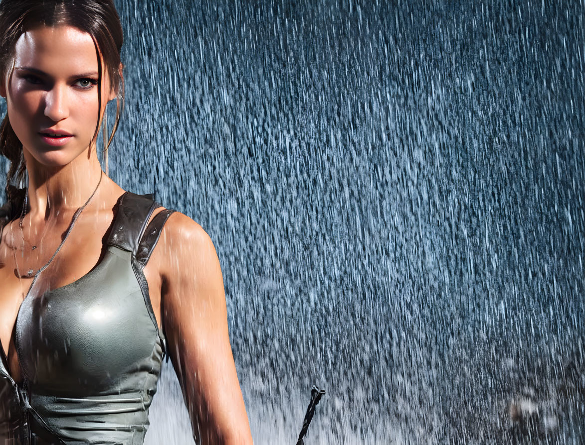 Defiant woman in wet tank top with cascading water background