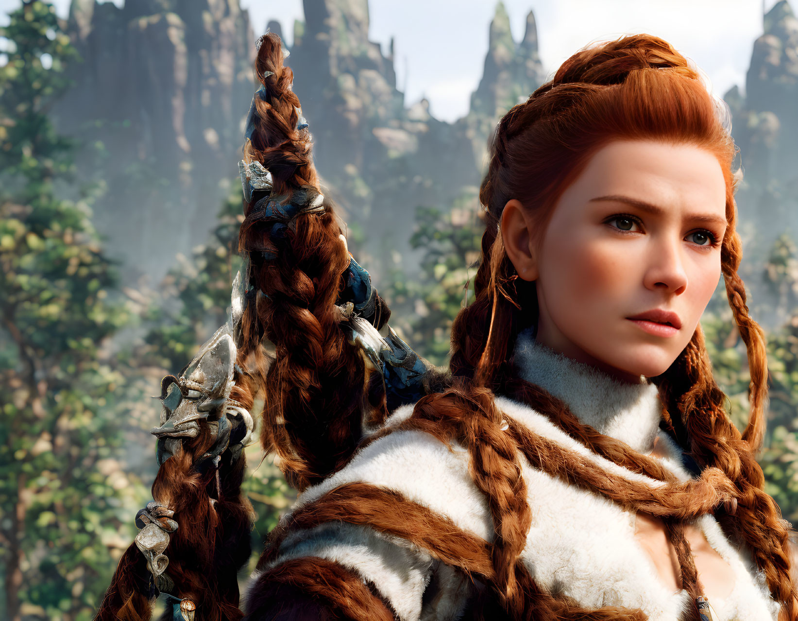 Red-haired female character with braids in forest setting.