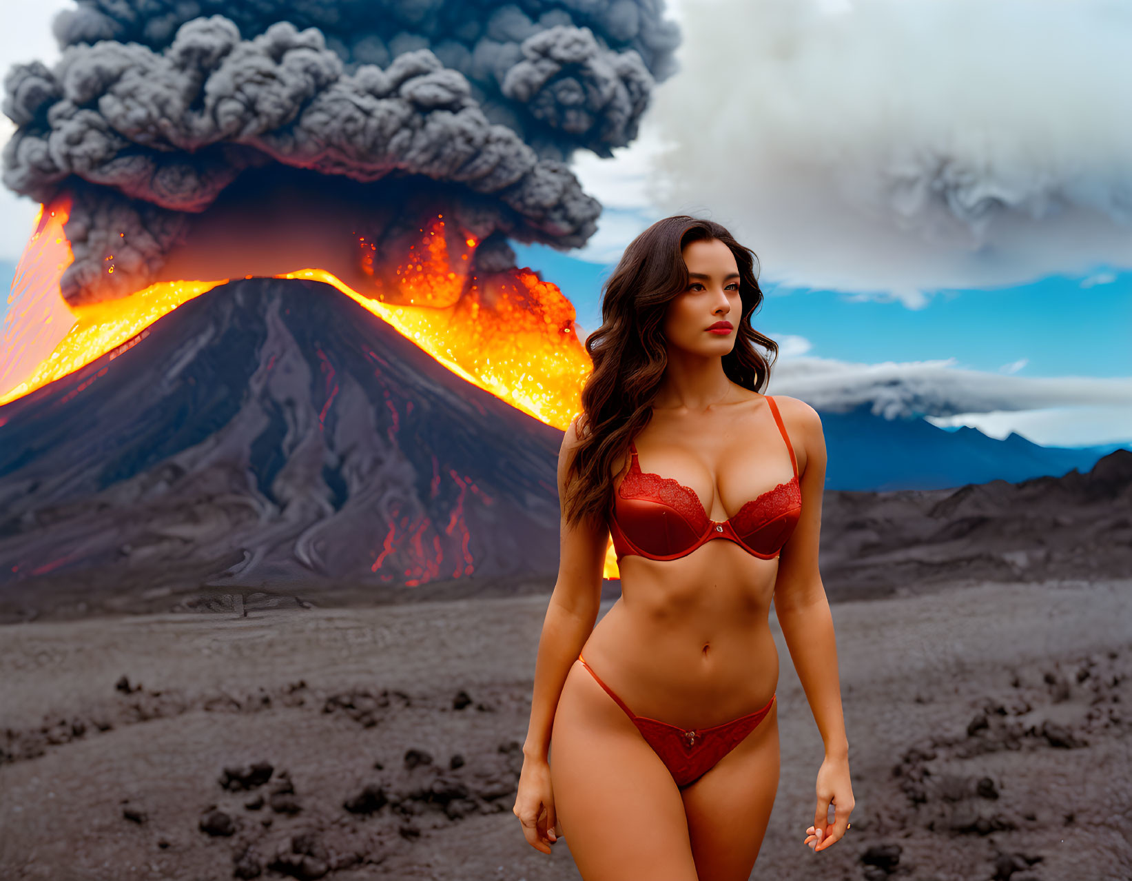 Woman in Red Bikini Stands by Erupting Volcano