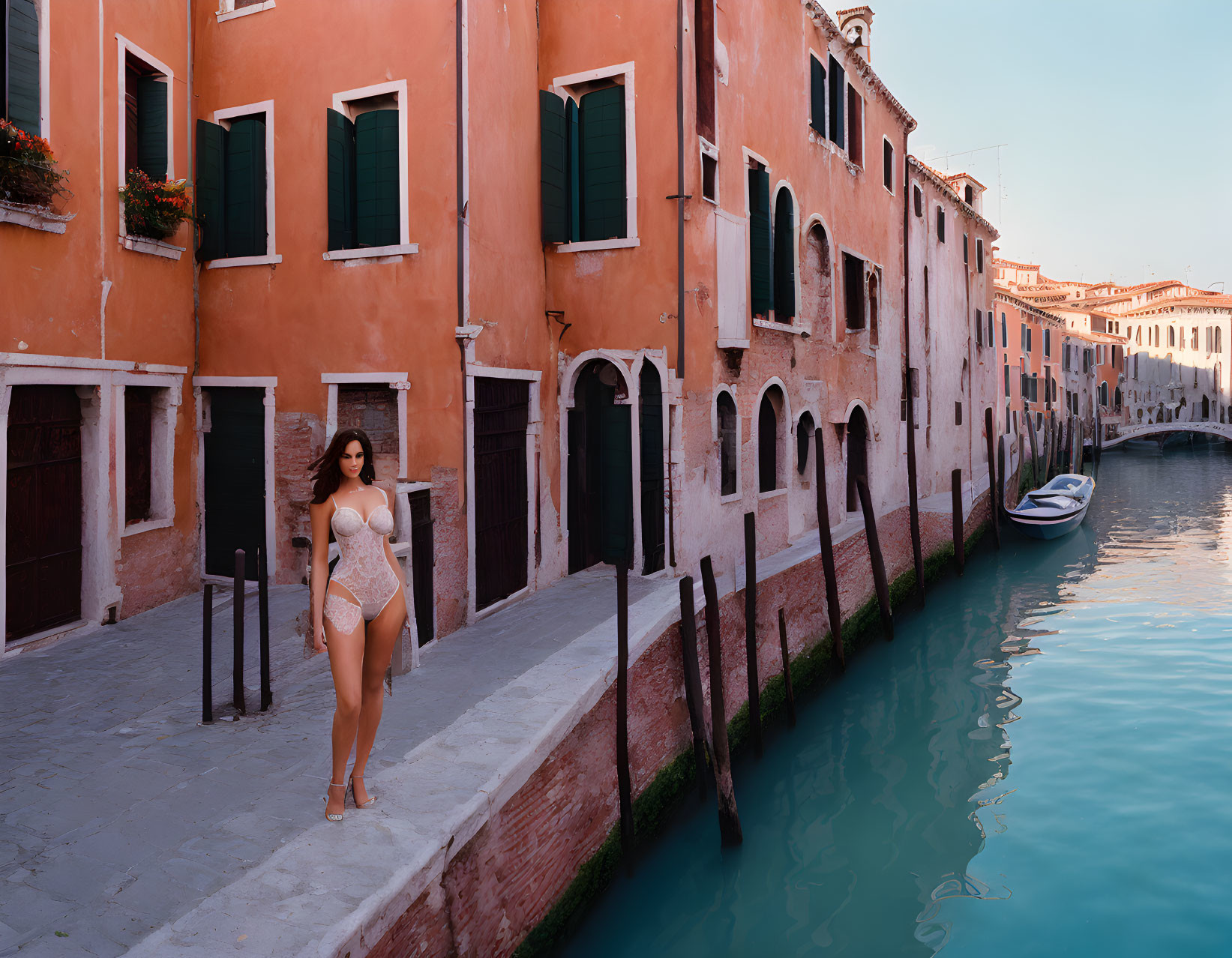 Woman in swimwear posing on Venetian canal sidewalk with historical buildings and boats under clear sky