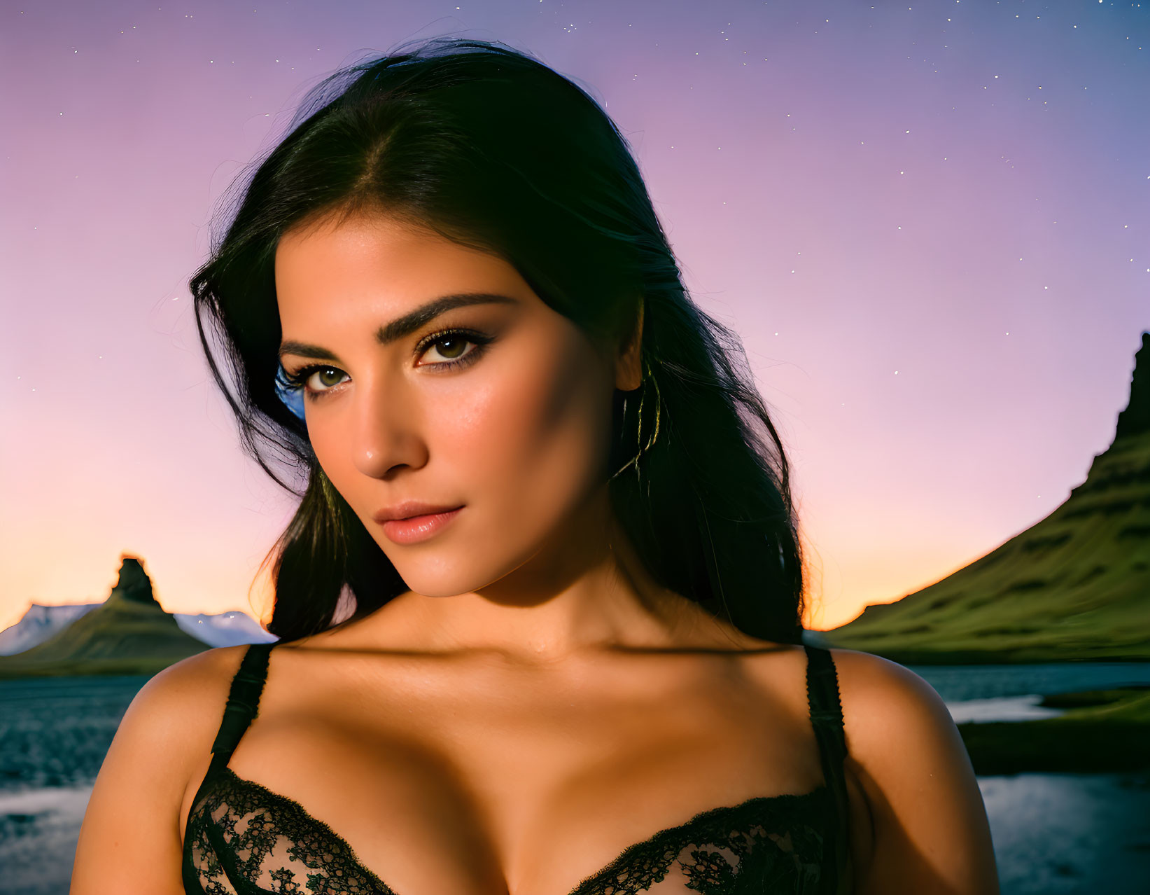 Dark-Haired Woman with Striking Makeup in Twilight Mountain Landscape