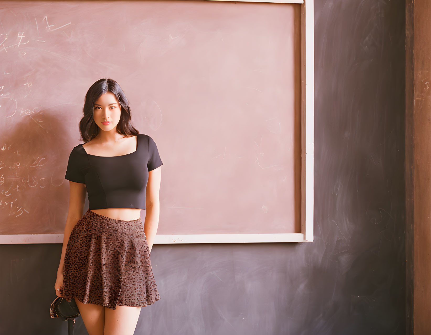 Young woman in cropped top and skirt in front of classroom chalkboard.