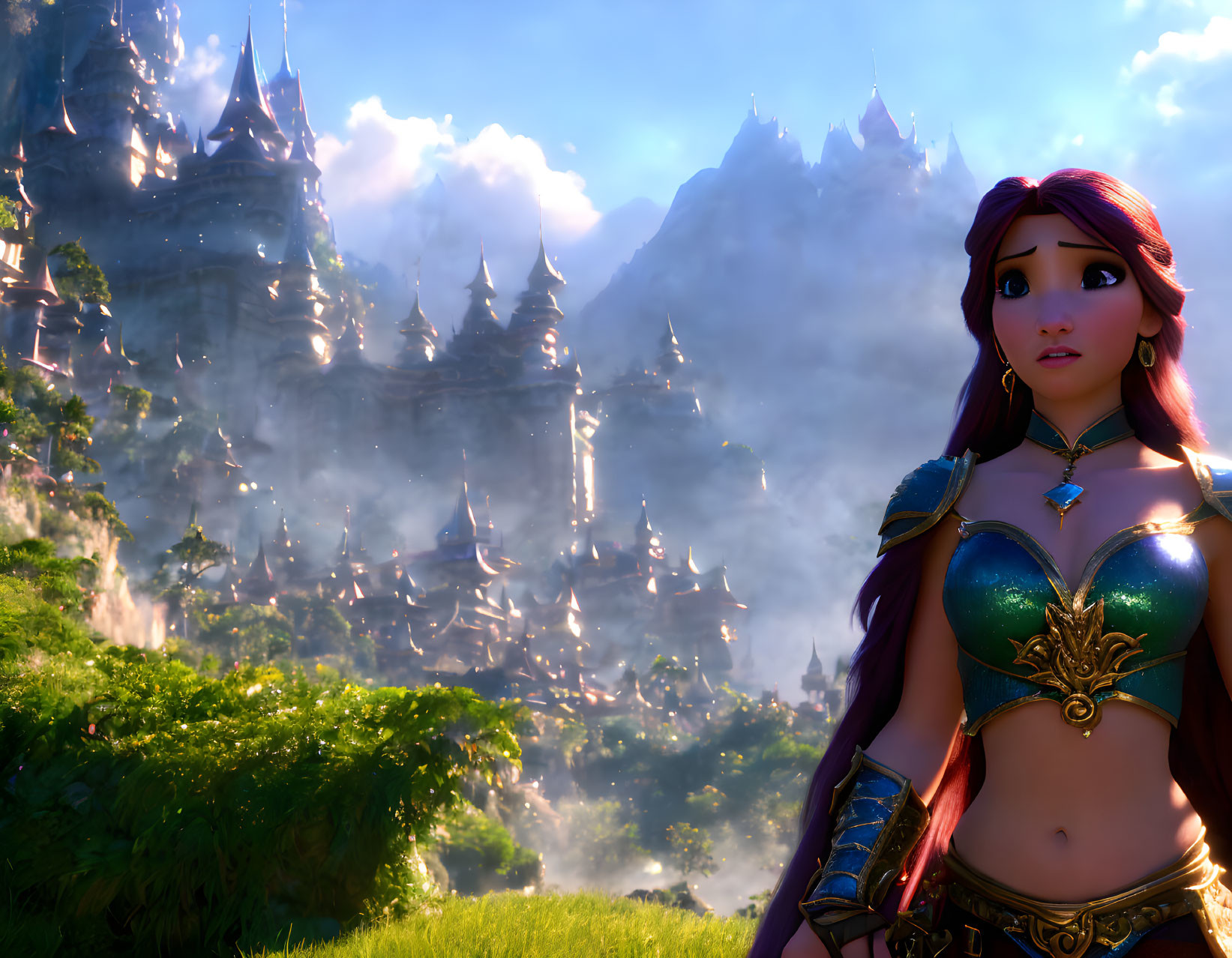 Red-haired animated princess in elaborate armor against misty castle backdrop