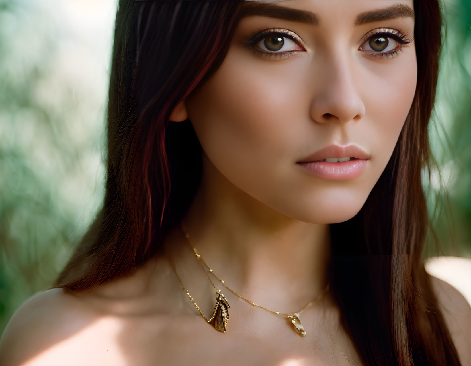 Close-up Portrait of Woman with Brown Hair and Gold Necklace on Blurred Green Background