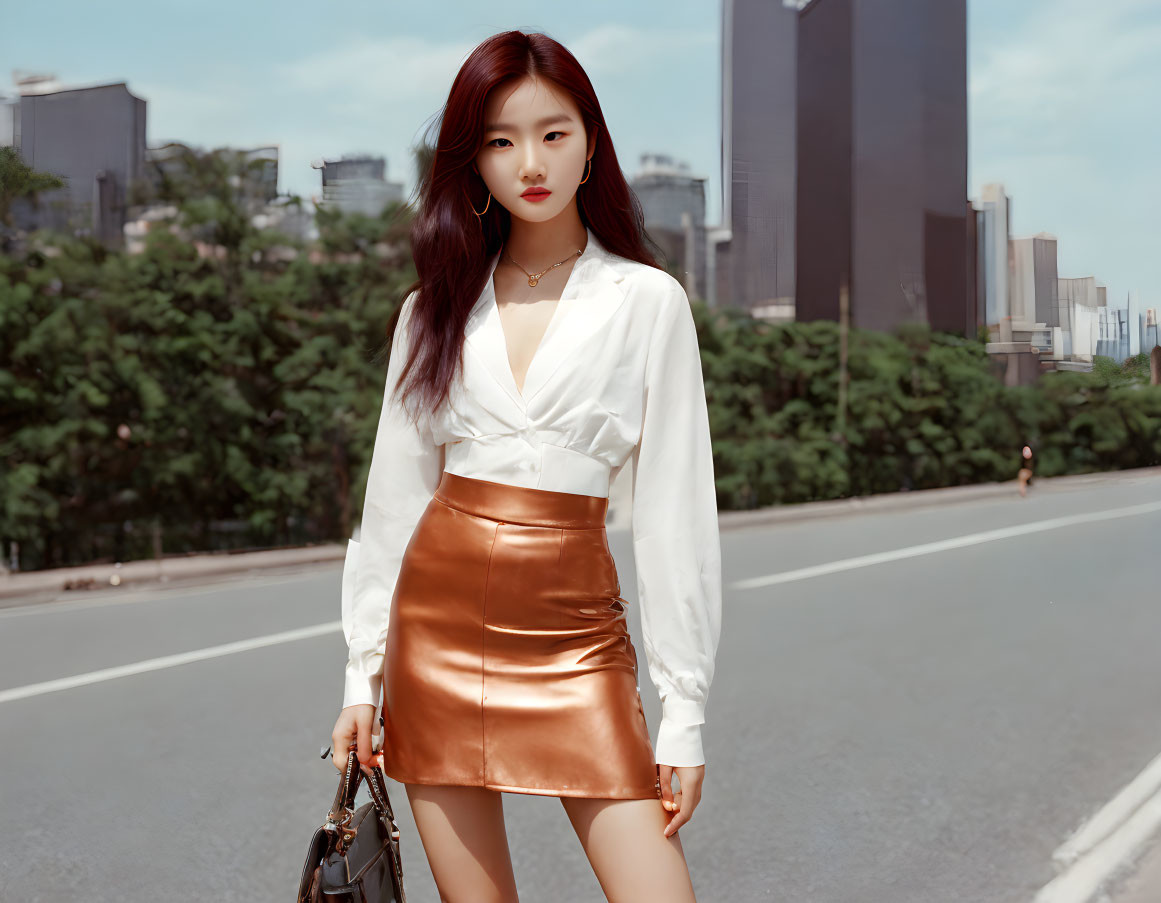 Fashionable woman in white blouse and bronze skirt on city street with skyscrapers.