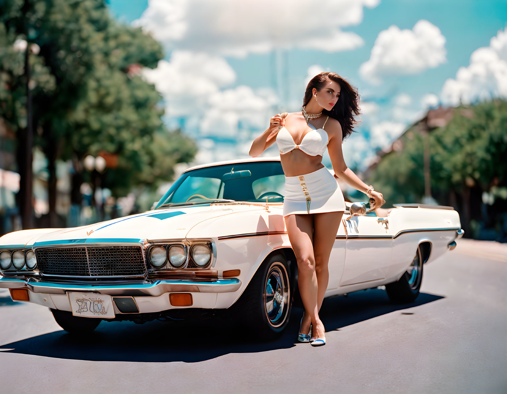 Woman in white outfit by classic convertible car under clear sky