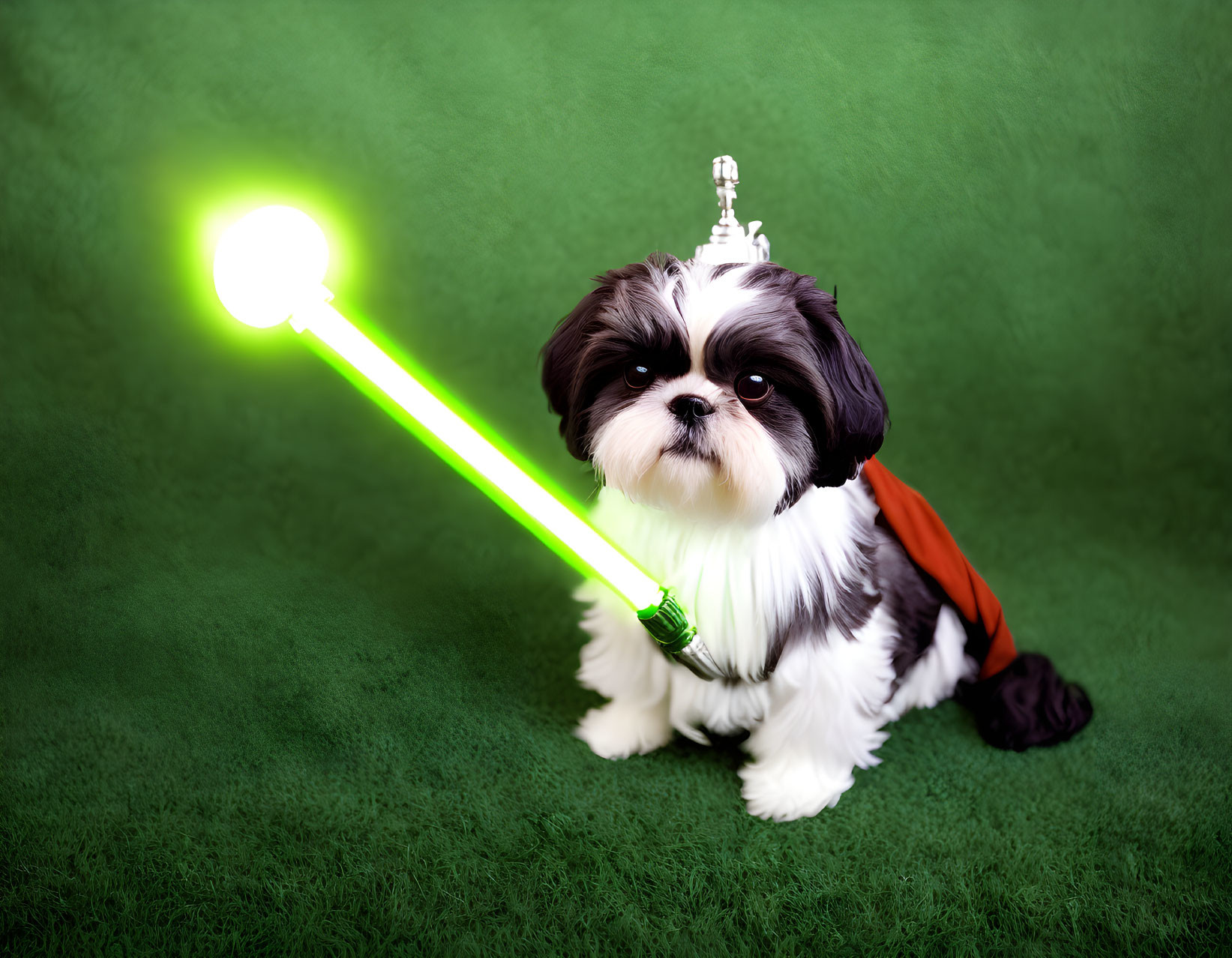 Small Dog in Cape Costume with Green Lightsaber on Textured Background