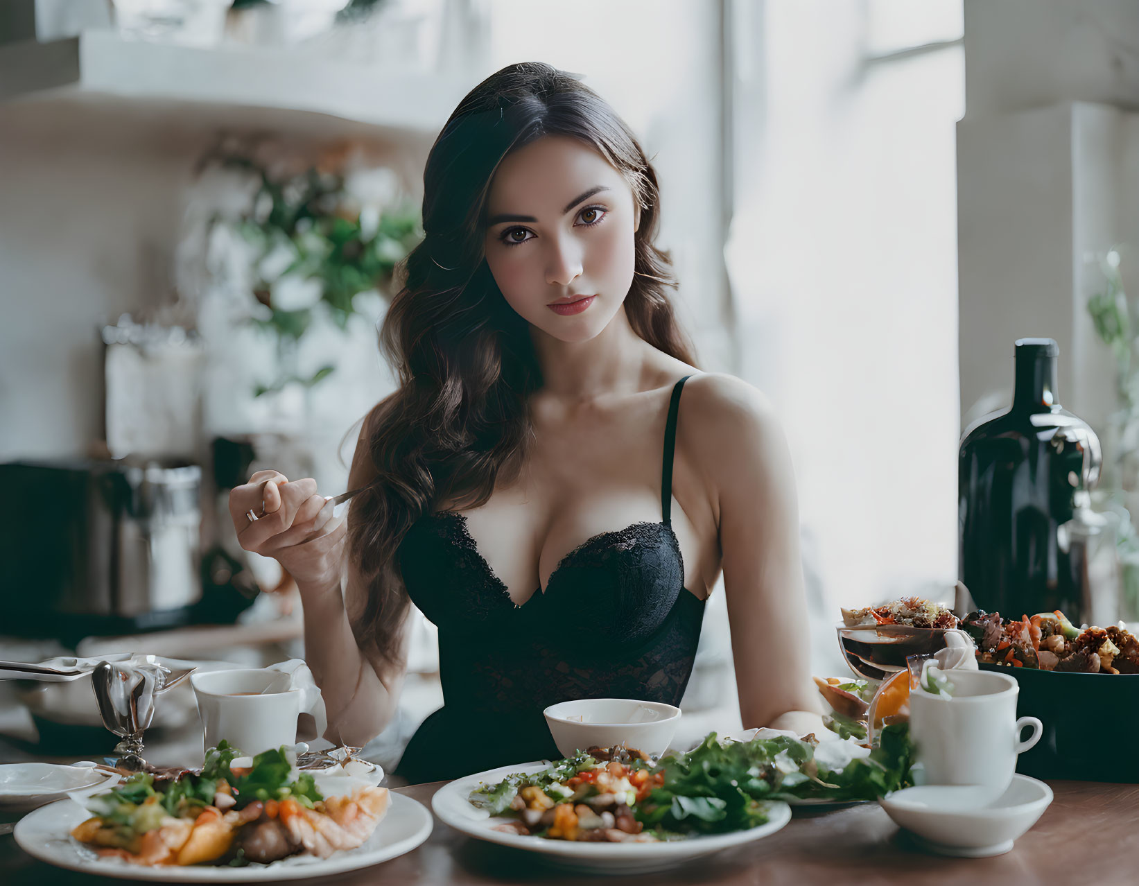 Woman in Black Dress Sitting at Table with Meal and Fork