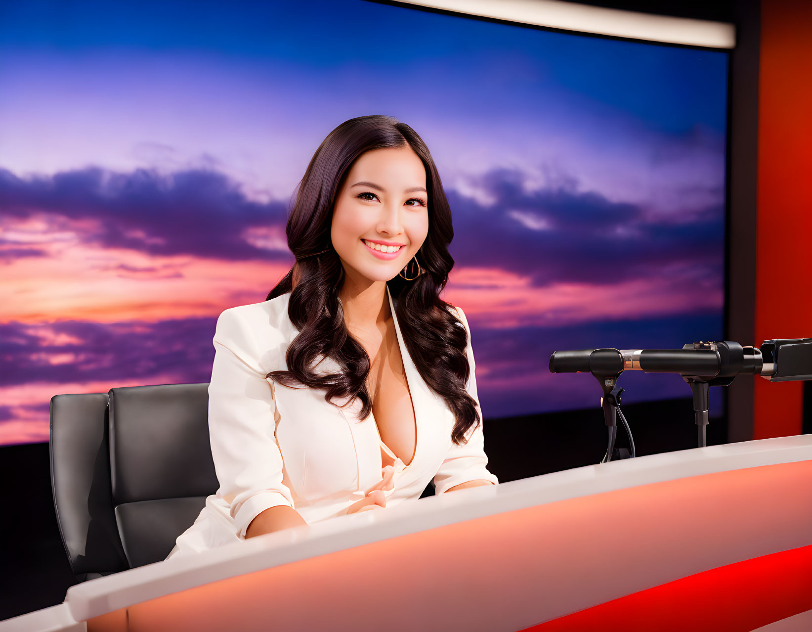 Smiling woman in white blazer at news desk with microphones and sunset background