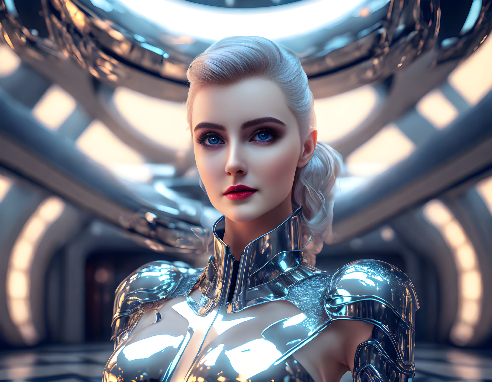 Platinum-haired woman in metallic suit in futuristic corridor