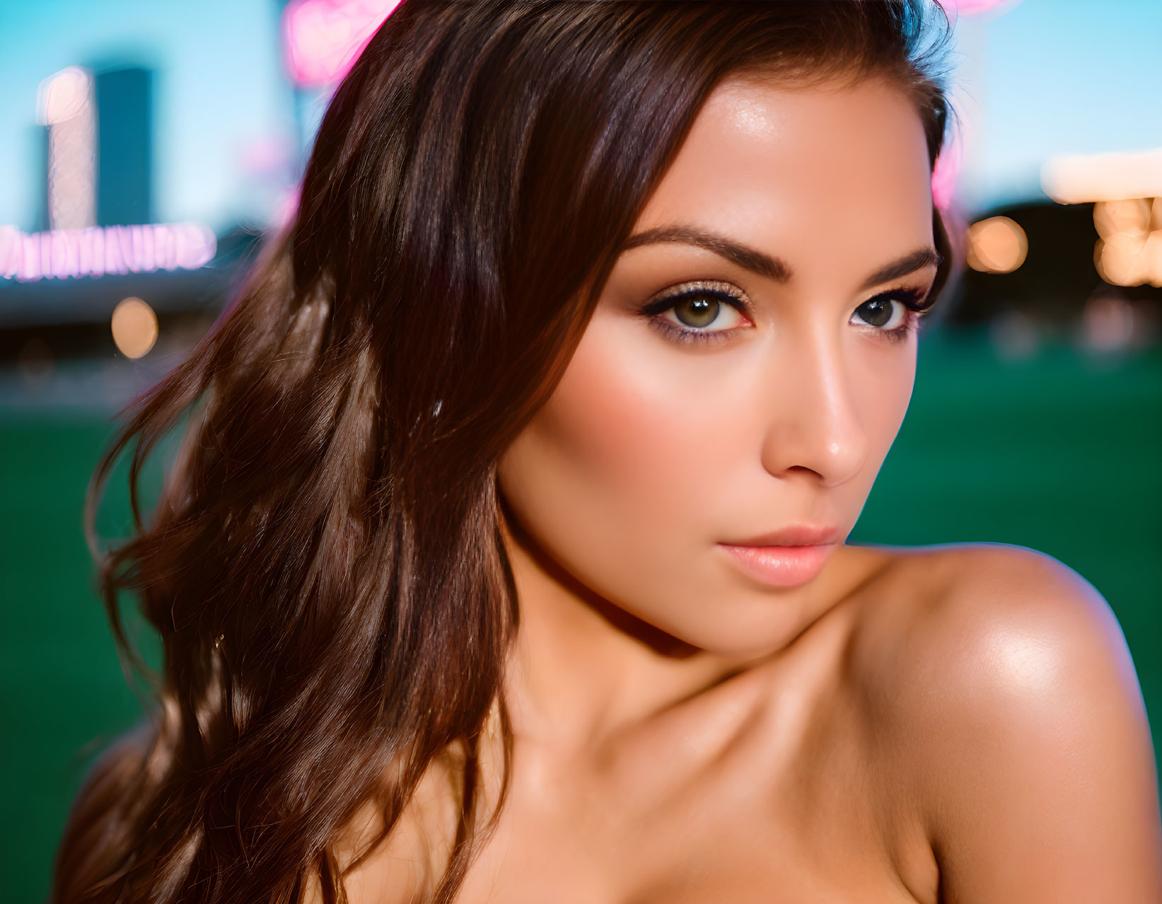 Close-Up of Woman with Wavy Hair and Bare Shoulders in City Lights