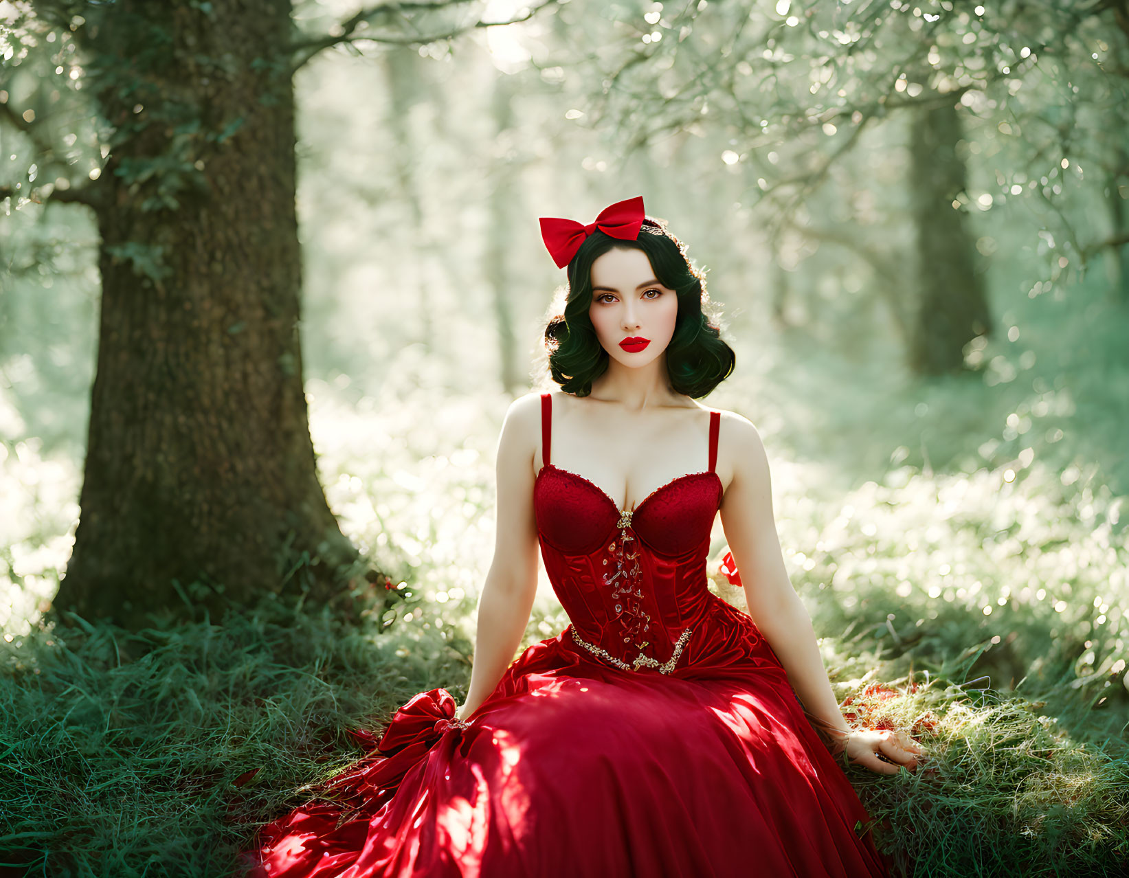 Woman in red dress with bow in sunlit forest