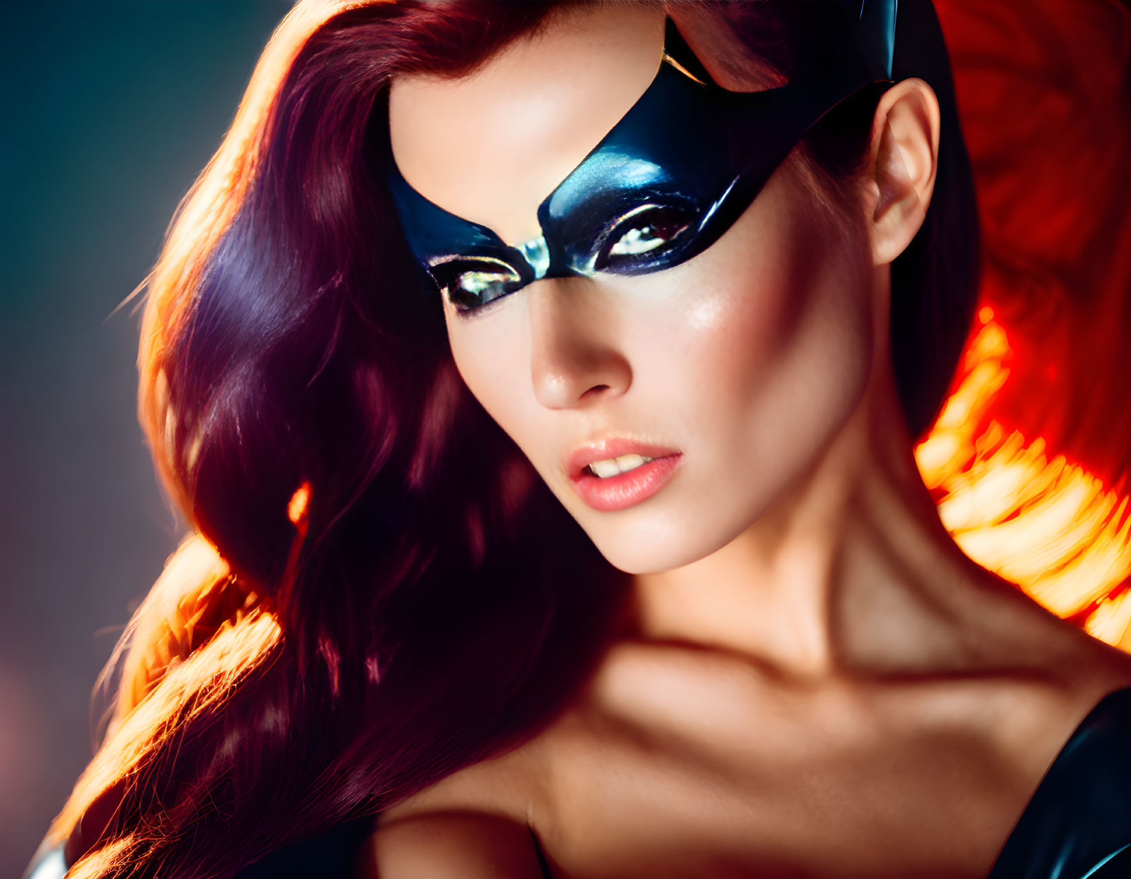 Vibrant red-haired woman in black eye mask against colorful background