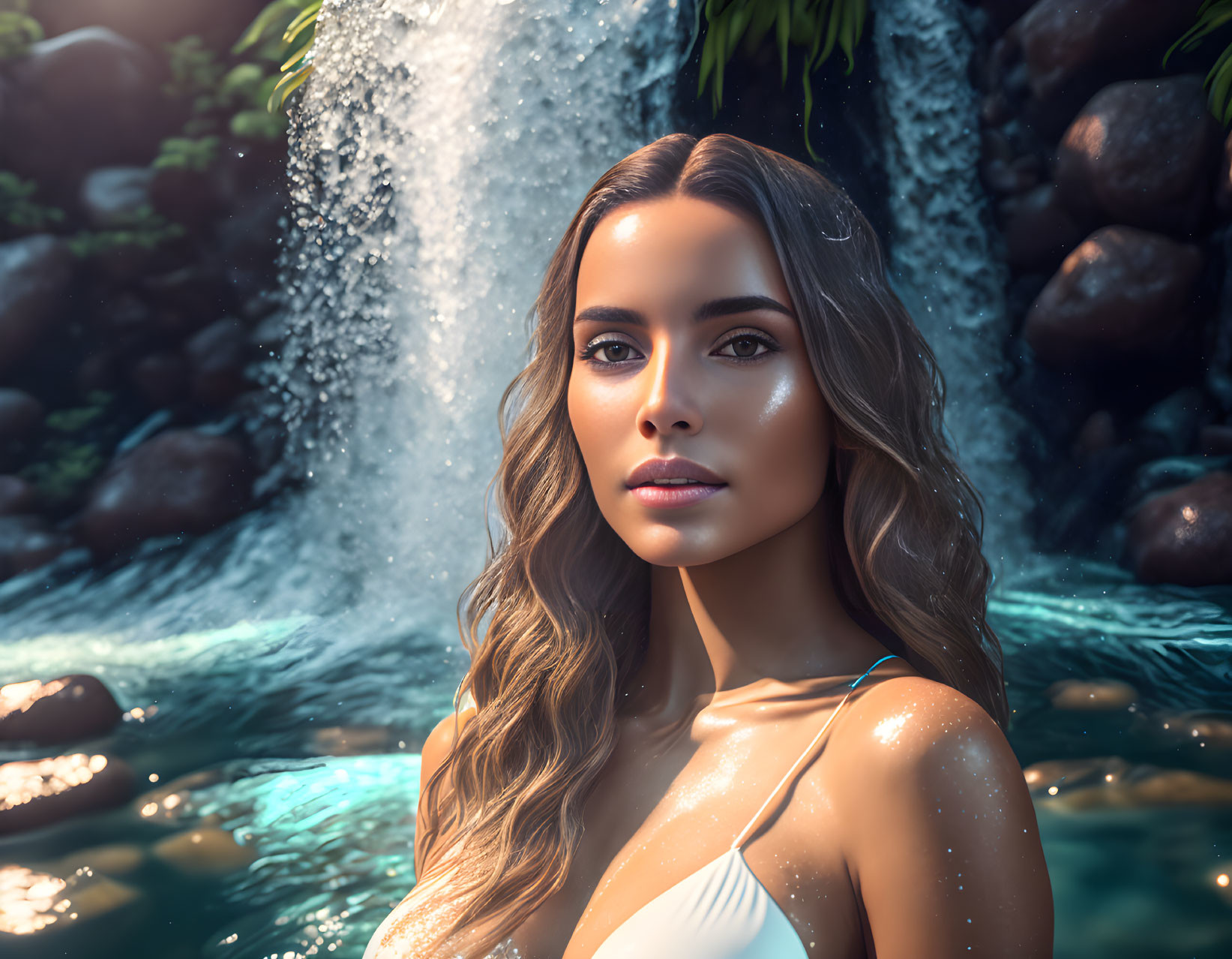 Glowing woman near lush waterfall in nature.