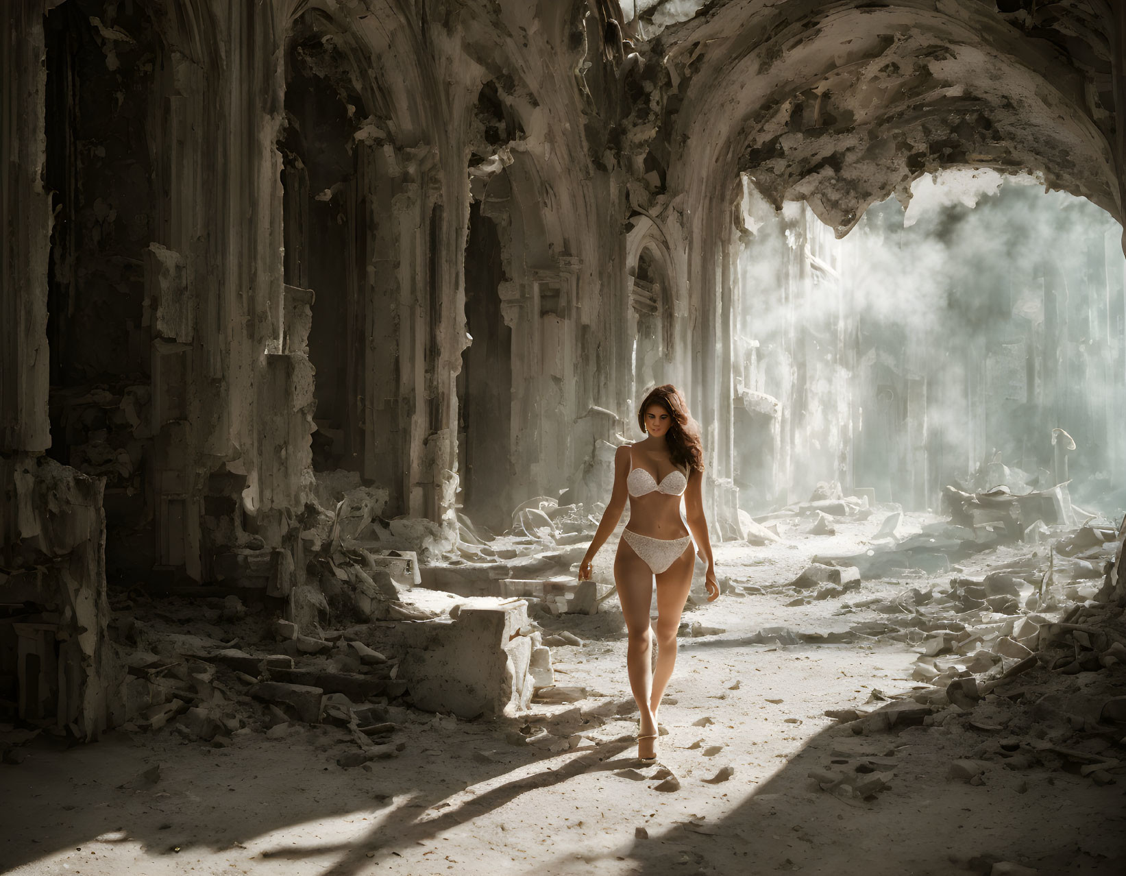 Woman in white attire walks in sunlit dilapidated building with arched walkways and debris.