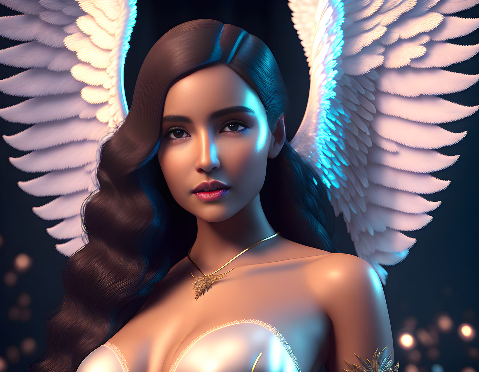 Digital art portrait: Woman with angel wings, glowing ambiance, serene expression