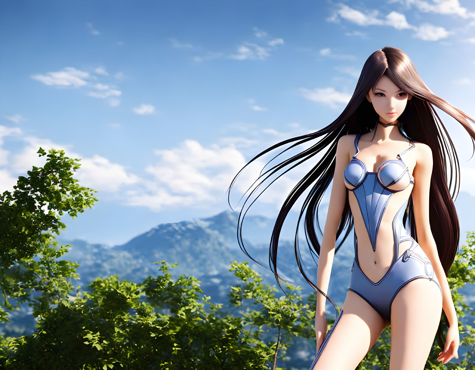 3D Rendered Female Anime Character in Futuristic Bodysuit